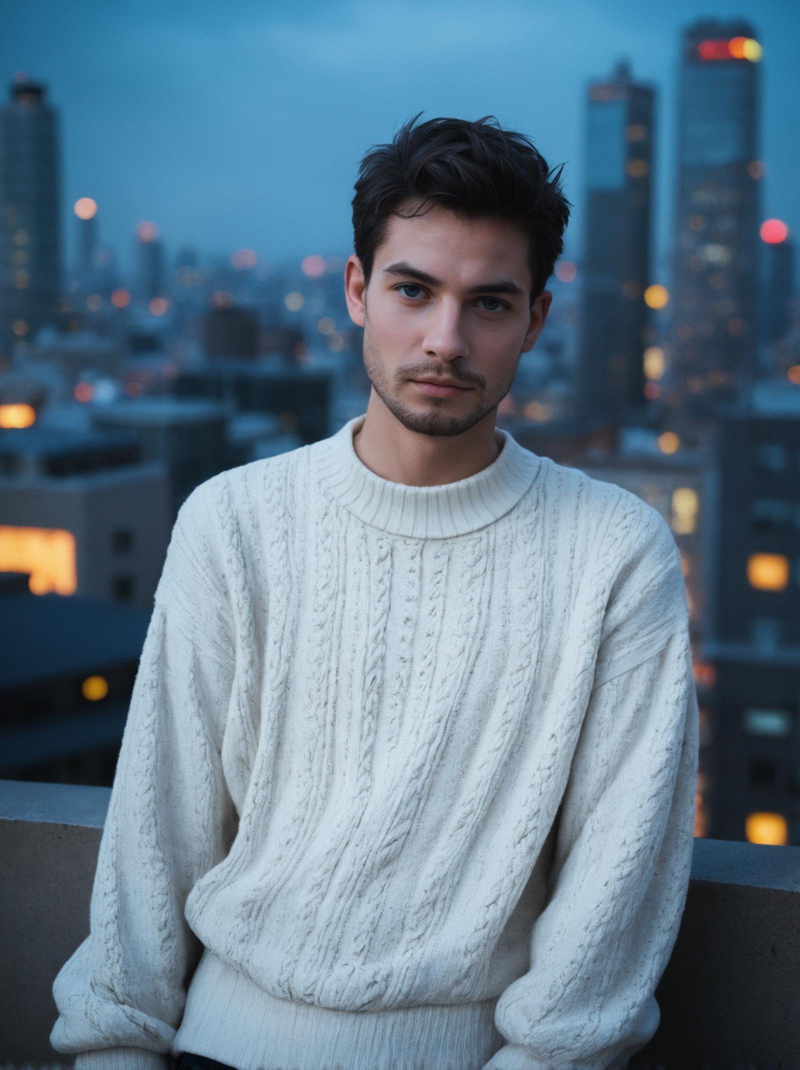 score_9, score_8_up,score_7_up, realistic, closeup photo of a man wearing fitted sweater, facial hair, blurred city skyline, urban rooftop, twilight, natural light, city lights, subtle backdrop, intense and introspective mood, skin texture, modern (rugged:0.4) aesthetic, thoughtful expression, cropped torso, under dramatic edge lighting, triangular composition, shot on a Sony A7III