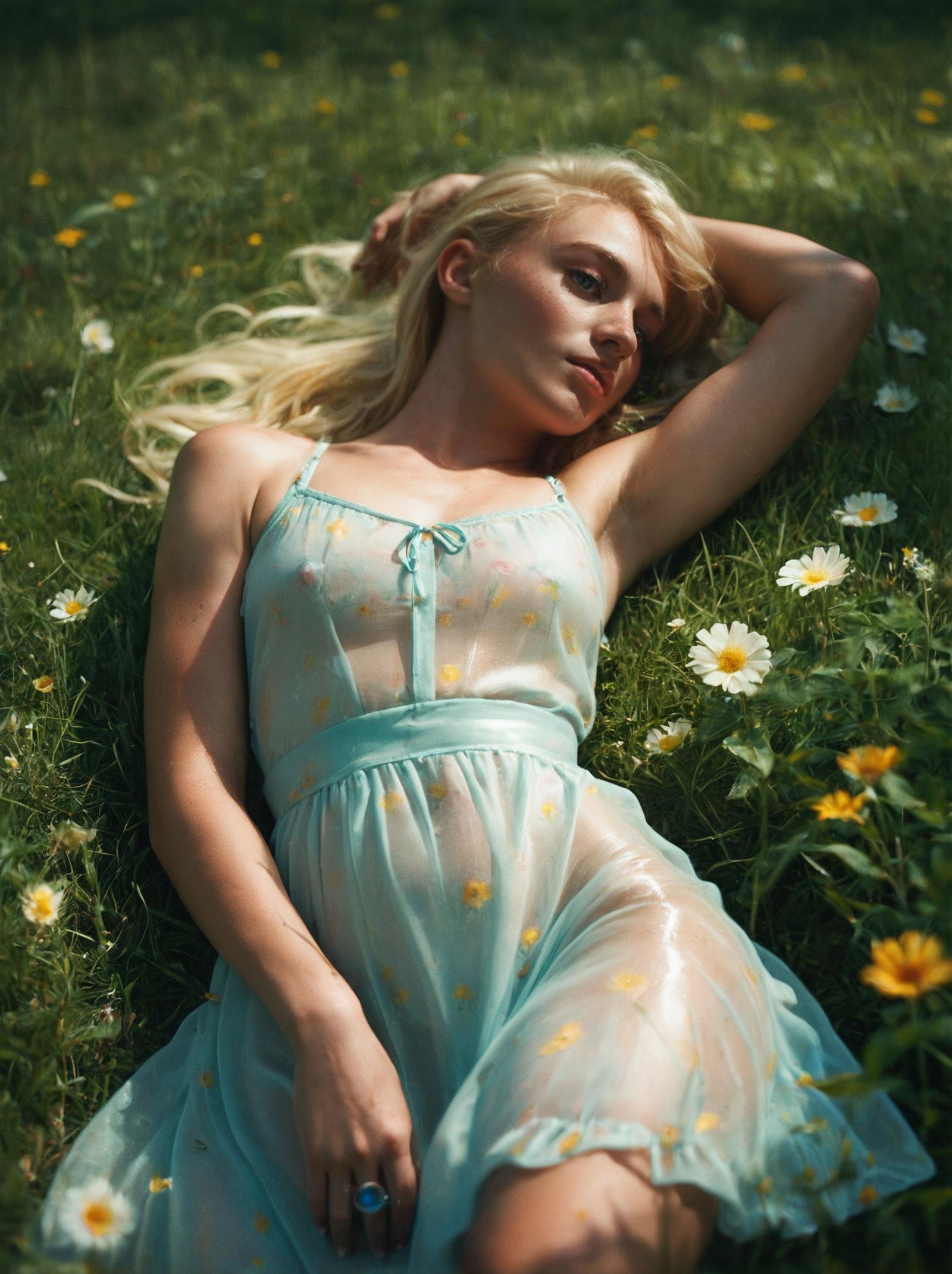 score_9, score_8_up,score_7_up, realistic, solo, 1girl, a gorgeous, feminine, feminine face, woman, long blonde hair, makeup,  wearing see-through summer dress, laying on the grass, sunny, lens flare, summer, flowers