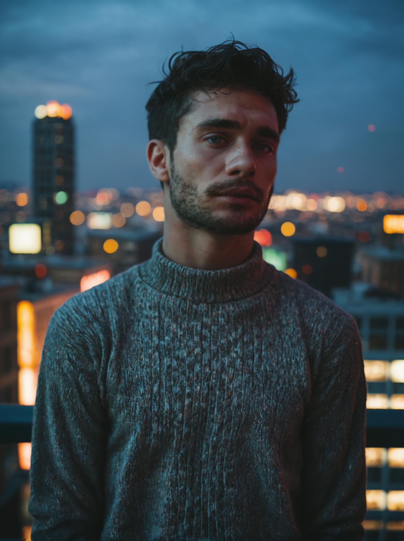 score_9, score_8_up,score_7_up, realistic, closeup photo of a man wearing fitted sweater, facial hair, blurred city skyline, urban rooftop, twilight, natural light, city lights, subtle backdrop, intense and introspective mood, skin texture, modern (rugged:0.4) aesthetic, thoughtful expression, cropped torso, under dramatic edge lighting, triangular composition, shot on a Sony A7III
