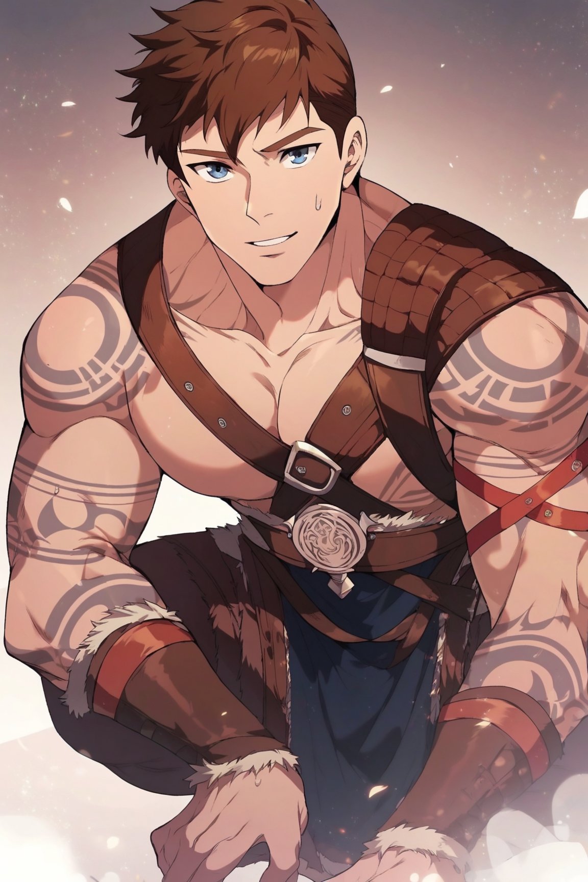 score_9, score_8_up, score_7_up, cute, masterpiece, best quality, best aesthetic, 1boy, male focus, portrait, bjorn, short hair, brown hair, blue eyes, tattoo, loincloth, foreground