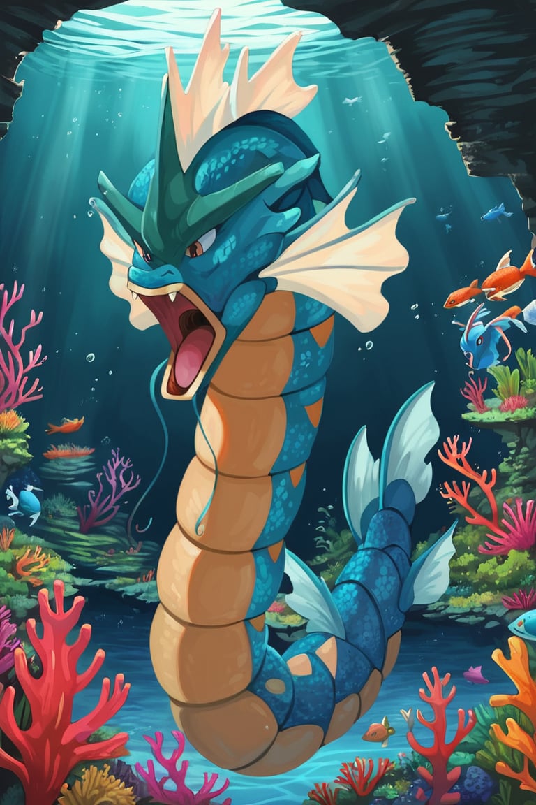Score_9_up,score_8_up,score_7_up,score_tag,Gyarados, Pokemon, swimming deep in the ocean, vibrant coral reef, 8K resolution, ultra-high definition, photorealistic, cinematic lighting, dynamic studio lighting, atmospheric environment, vibrant colors, detailed scales, powerful fins, intense gaze, underwater current, flowing mane, sparkling light rays, fantasy, masterpiece, best quality, high resolution, colorful, marine life, aquatic plants, coral polyps, anemone, tropical fish, serene, beautiful, epic, mythical, majestic, mythical creature, underwater adventure, exploration, discovery, mysterious, adventure.,Swampert