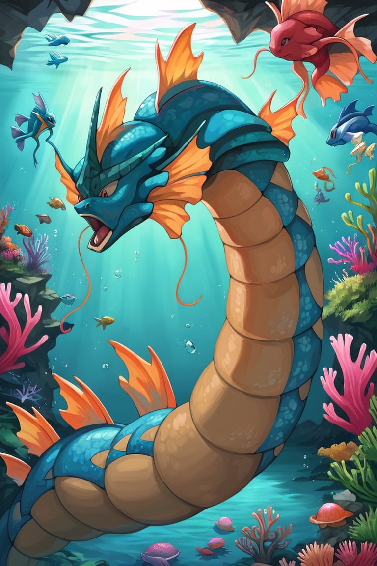 Score_9_up,score_8_up,score_7_up,score_tag,Gyarados, Pokemon, swimming deep in the ocean, vibrant coral reef, 8K resolution, ultra-high definition, photorealistic, cinematic lighting, dynamic studio lighting, atmospheric environment, vibrant colors, detailed scales, powerful fins, intense gaze, underwater current, flowing mane, sparkling light rays, fantasy, masterpiece, best quality, high resolution, colorful, marine life, aquatic plants, coral polyps, anemone, tropical fish, serene, beautiful, epic, mythical, majestic, mythical creature, underwater adventure, exploration, discovery, mysterious, adventure.,Swampert