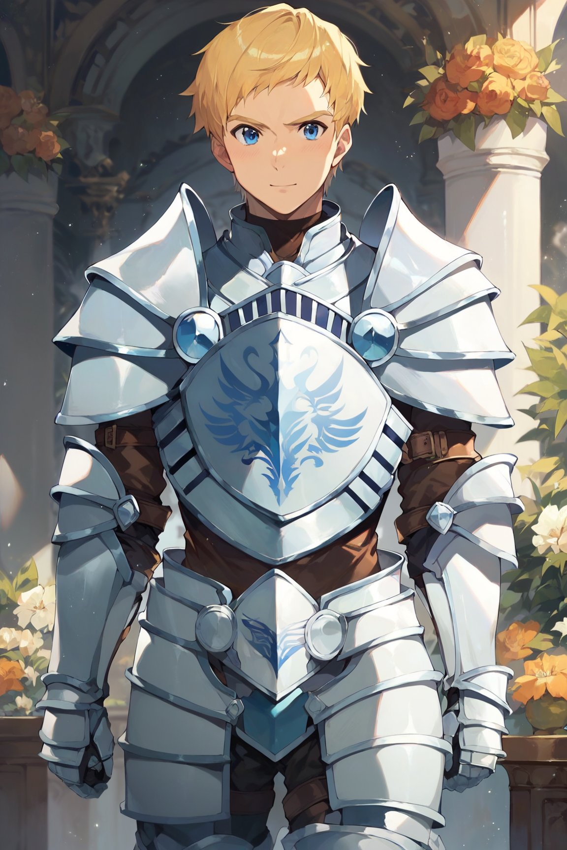 score_9, score_8_up, score_7_up, cute, masterpiece, best quality, best aesthetic, 1boy, male focus,climb, blonde hair, blue eyes, short-hair, armor,  gauntlets, shoulder armor, pauldrons, breastplate, armored boots