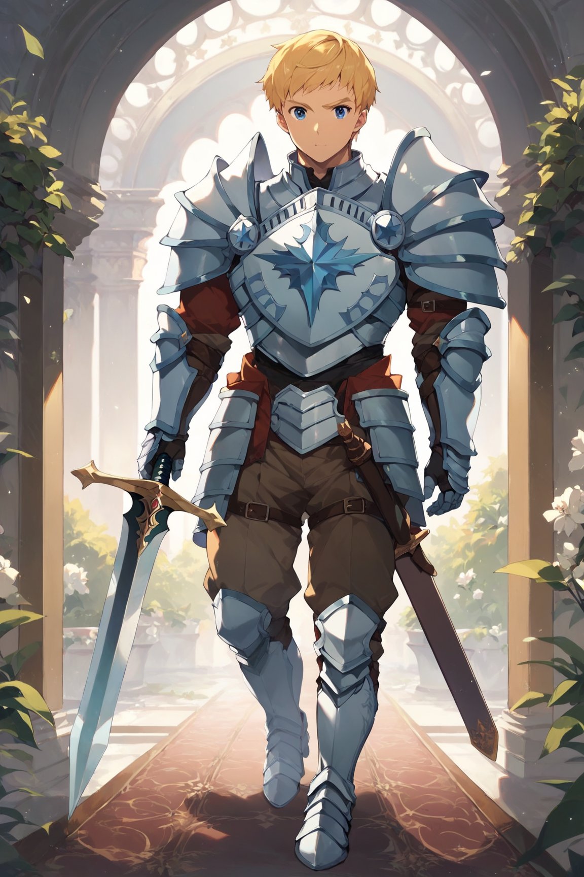 score_9, score_8_up, score_7_up, cute, masterpiece, best quality, best aesthetic, 1boy, male focus, full_body ,climb, blonde hair, blue eyes, short-hair, armor, holding sword, gauntlets, shoulder armor, pauldrons, breastplate, armored boots