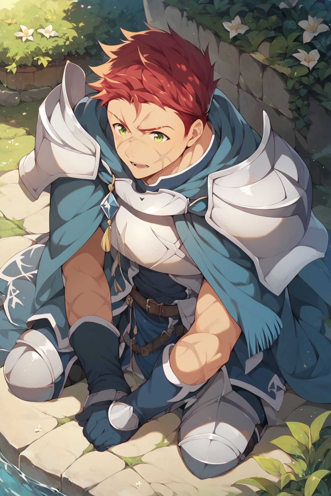 score_9, score_8_up, score_7_up, cute, masterpiece, best quality, best aesthetic, 1boy, male focus, full_body, oguto, red hair, green eyes, scar on face, armor, sit on rock