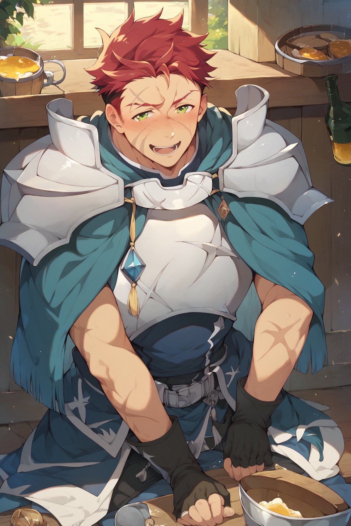 score_9, score_8_up, score_7_up, cute, masterpiece, best quality, best aesthetic, 1boy, male focus, full_body, oguto, red hair, green eyes, scar on face, armor, sit, beer, drunk, 