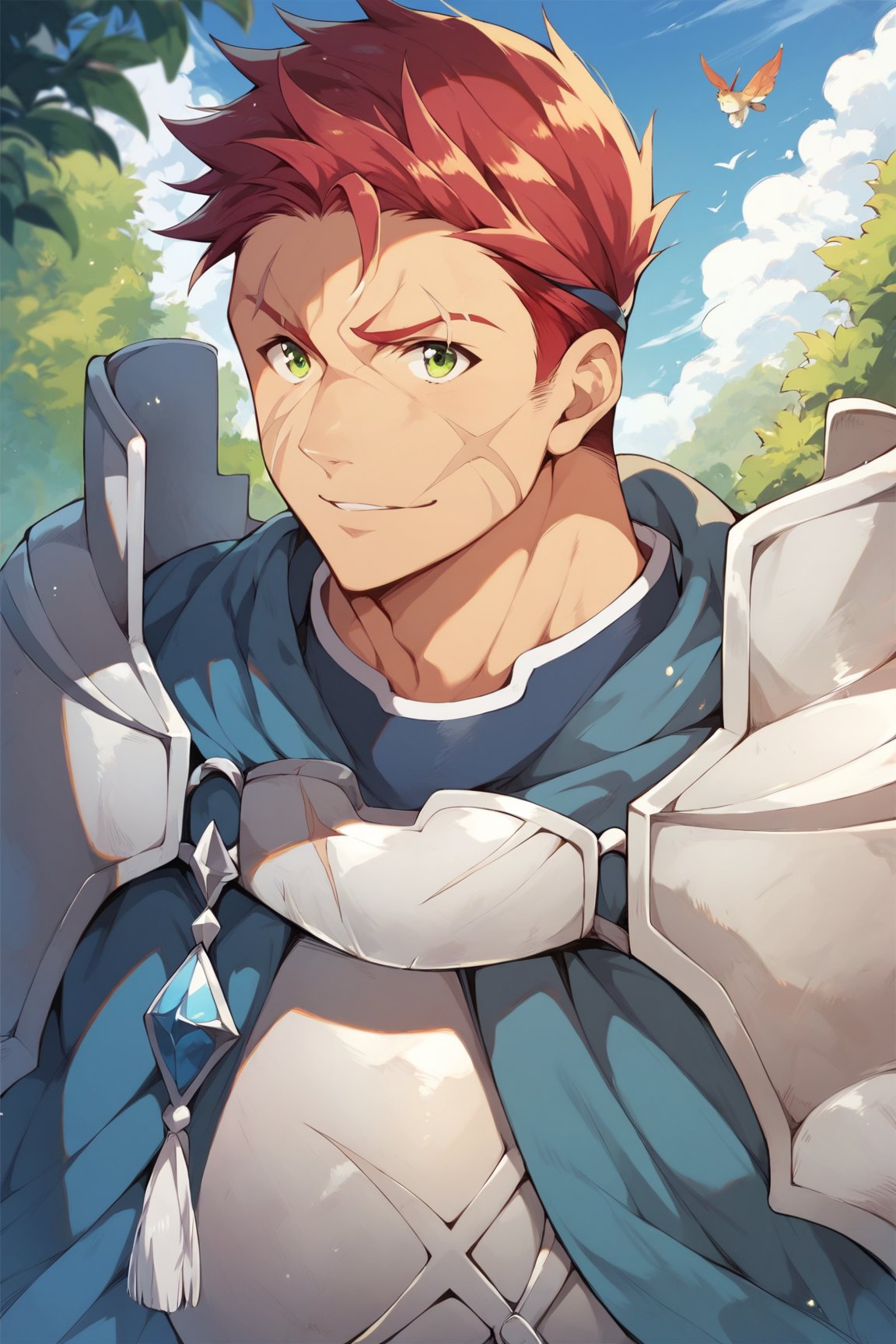 score_9, score_8_up, score_7_up, cute, masterpiece, best quality, best aesthetic, 1boy, male focus, portrait, oguto, red hair, green eyes, scar on face, armor 