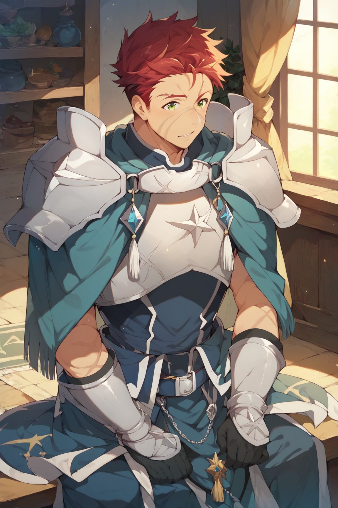 score_9, score_8_up, score_7_up, cute, masterpiece, best quality, best aesthetic, 1boy, male focus, full_body, oguto, red hair, green eyes, scar on face, armor, sit 