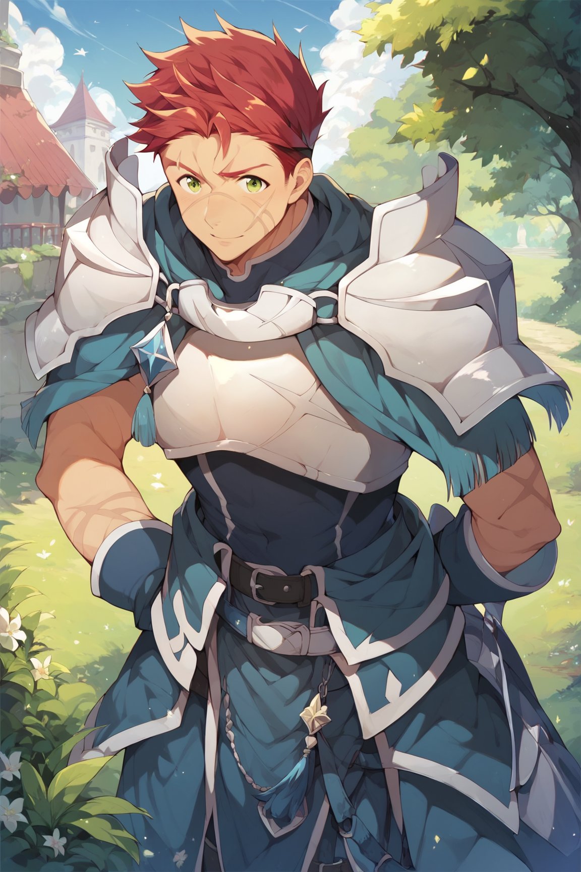 score_9, score_8_up, score_7_up, cute, masterpiece, best quality, best aesthetic, 1boy, male focus, full_body, oguto, red hair, green eyes, scar on face, armor 