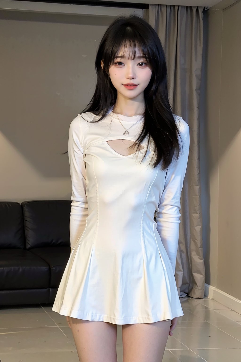 best quality,masterpiece,ultra high res,looking at viewer,simple background, 1girl, solo, long hair, looking at viewer, black hair,realistic,(standing),slim,(smile)(,hands behind back),