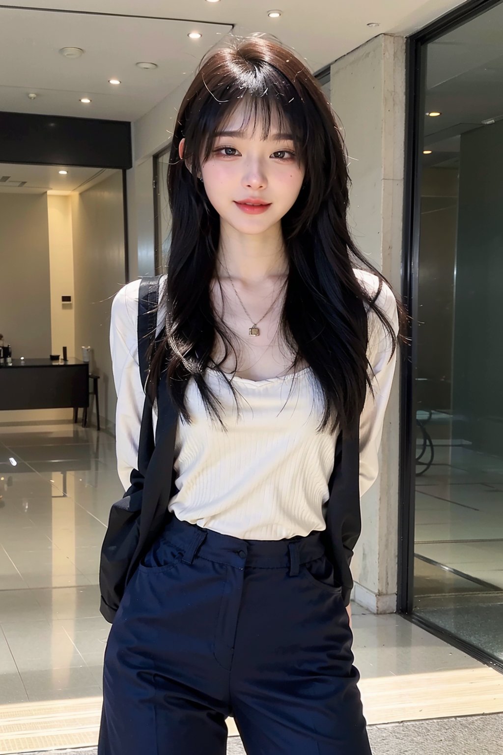 best quality,masterpiece,ultra high res,looking at viewer,simple background, 1girl, solo, long hair, looking at viewer, black hair,realistic,(standing),slim,(smile)(,hands behind back),