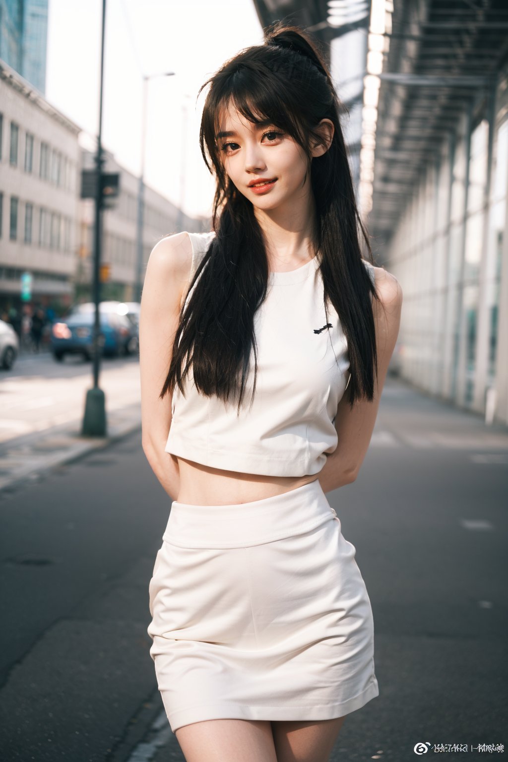 best quality,masterpiece,ultra high res,looking at viewer,simple background, 1girl, solo, long hair, looking at viewer, black hair,realistic,(standing),slim,(smile)(,hands behind back),