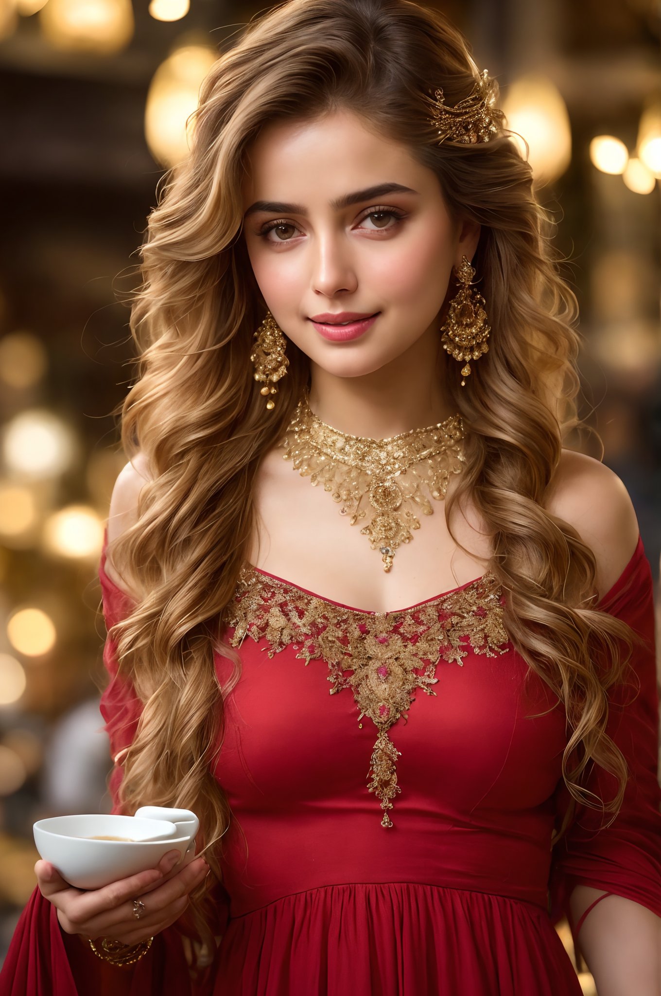 (((full body view:1.2))), stunningly beautiful "bollywood" (((extremely innocent face ))), wild hair, ((best quality)), ((masterpiece)), (detailed), ana de armas, highly detailed HDR photo, 8k quality, best quality, high resolution ultra photorealistic, high definition, highly detailed photo, photon mapping, dynamic angle, professional lighting, highly detailed face and body,expressive eyes, perfectly detailed face, smile, gorgeous face, real skin details, soft skin, looking at viewer, raw, photorealistic, real, perfect skin, real skin, realistic photo of a mid body shot, , extremely innocent face, very beautiful, cheerful, laughing, clever naughty smile, , she is wearing a loose red color gown, she smile like gentle love goddess, very long tresses, golden hair, brown hair, expressive face, divine eyes,, Wide-angle view of a pretty fashion model looking at the camera, expressing a complaint as if it's our fault, sad and thoughtful, sipping coffee in a dark, cozy coffee shop with rain outside, vibrant ambience, lively atmosphere, adorned with fairy lights and candles, captured in photorealistic detail with real skin textures, soft lighting, and presented as an absurdres masterpiece.