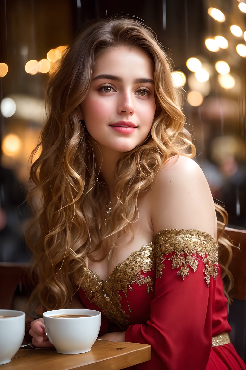 (((full body view:1.2))), stunningly beautiful "kashmiri" (((extremely innocent face ))), wild hair, ((best quality)), ((masterpiece)), (detailed), ana de armas, highly detailed HDR photo, 8k quality, best quality, high resolution ultra photorealistic, high definition, highly detailed photo, photon mapping, dynamic angle, professional lighting, highly detailed face and body,expressive eyes, perfectly detailed face, smile, gorgeous face, real skin details, soft skin, looking at viewer, raw, photorealistic, real, perfect skin, real skin, realistic photo of a mid body shot, , extremely innocent face, very beautiful, cheerful, laughing, clever naughty smile, , she is wearing a loose red color gown, she smile like gentle love goddess, very long tresses, golden hair, brown hair, expressive face, divine eyes,, Wide-angle view of a pretty fashion model looking at the camera, expressing a complaint as if it's our fault, sad and thoughtful, sipping coffee in a dark, cozy coffee shop with rain outside, vibrant ambience, lively atmosphere, adorned with fairy lights and candles, captured in photorealistic detail with real skin textures, soft lighting, and presented as an absurdres masterpiece.