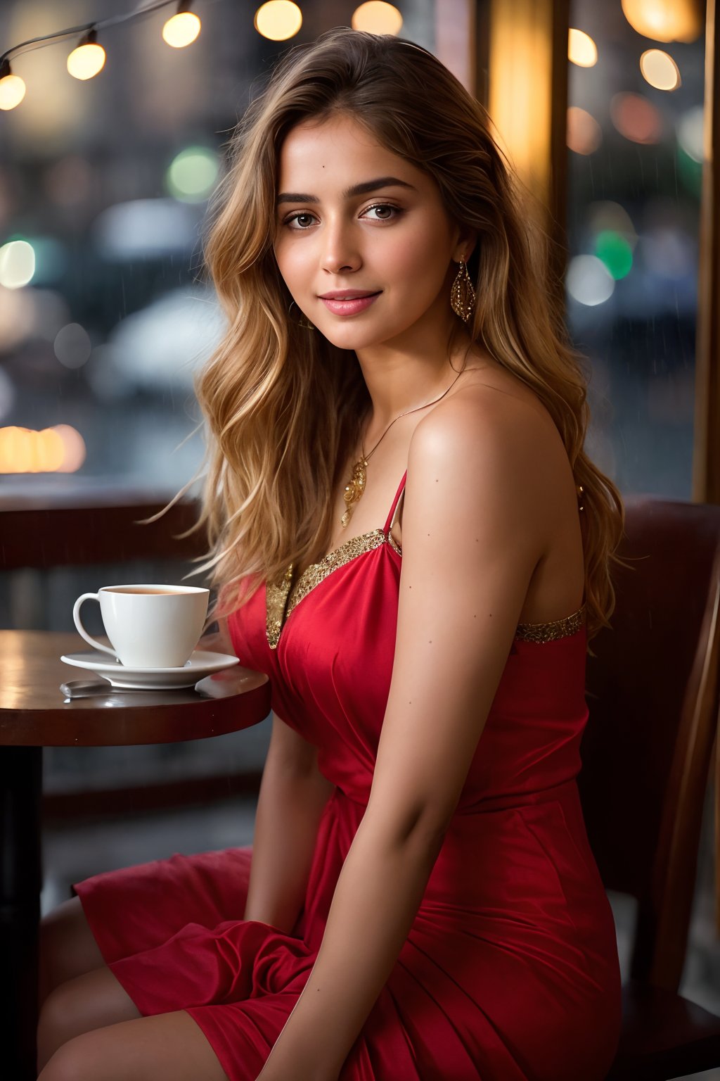 (((full body view:1.2))), stunningly beautiful "bollywood" (((extremely innocent face ))), wild hair, ((best quality)), ((masterpiece)), (detailed), ana de armas, highly detailed HDR photo, 8k quality, best quality, high resolution ultra photorealistic, high definition, highly detailed photo, photon mapping, dynamic angle, professional lighting, highly detailed face and body,expressive eyes, perfectly detailed face, smile, gorgeous face, real skin details, soft skin, looking at viewer, raw, photorealistic, real, perfect skin, real skin, realistic photo of a mid body shot, , extremely innocent face, very beautiful, cheerful, laughing, clever naughty smile, , she is wearing a loose red color gown, she smile like gentle love goddess, very long tresses, golden hair, brown hair, expressive face, divine eyes,, Wide-angle view of a pretty fashion model looking at the camera, expressing a complaint as if it's our fault, sad and thoughtful, sipping coffee in a dark, cozy coffee shop with rain outside, vibrant ambience, lively atmosphere, adorned with fairy lights and candles, captured in photorealistic detail with real skin textures, soft lighting, and presented as an absurdres masterpiece.