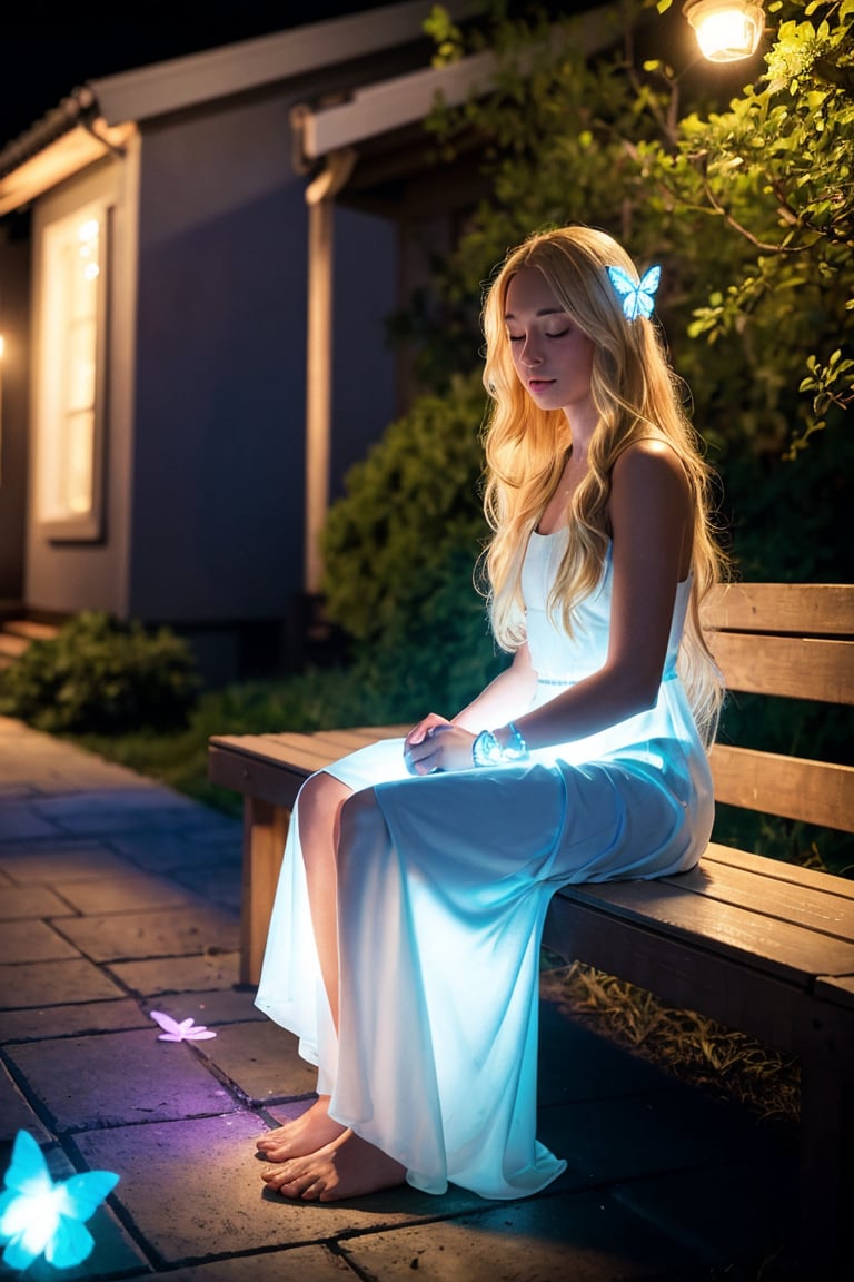 shot by Sony a7 IV Mirrorless Camera, natural light, analog film photo, Kodachrome ,A girl with very long blonde hair sitting serenely on a bench out front of her house dressed in a white cololor sparkling dress with glowing light blue accessories and light blue glowing flowers and butterflies at night near a beautiful house

