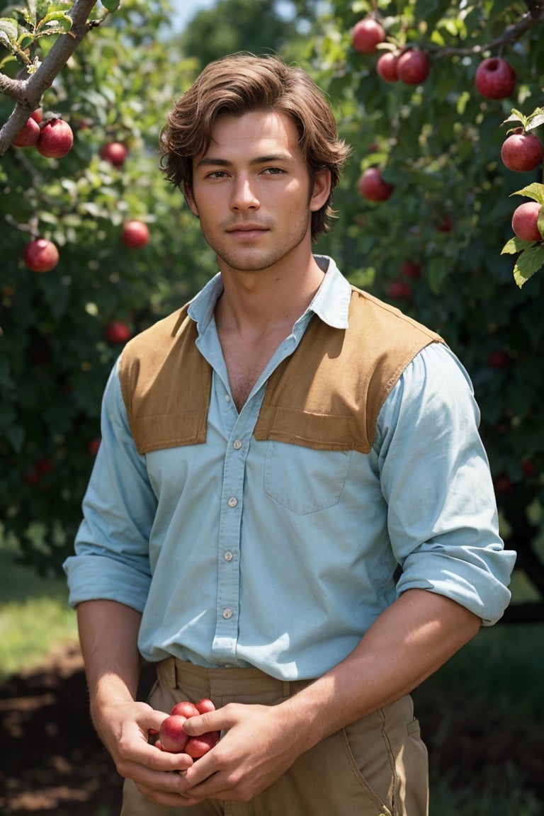 shot by Sony a7 IV Mirrorless Camera, natural light, analog film photo, Kodachrome ,A handsome young farmer stands amidst a lush orchard, his sun-kissed skin and tousled hair reflecting the vibrant hues of the ripening fruit. He is clad in a loose-fitting farmer's attire, his sleeves rolled up and his hands adorned with the earthy soil of his beloved land.

