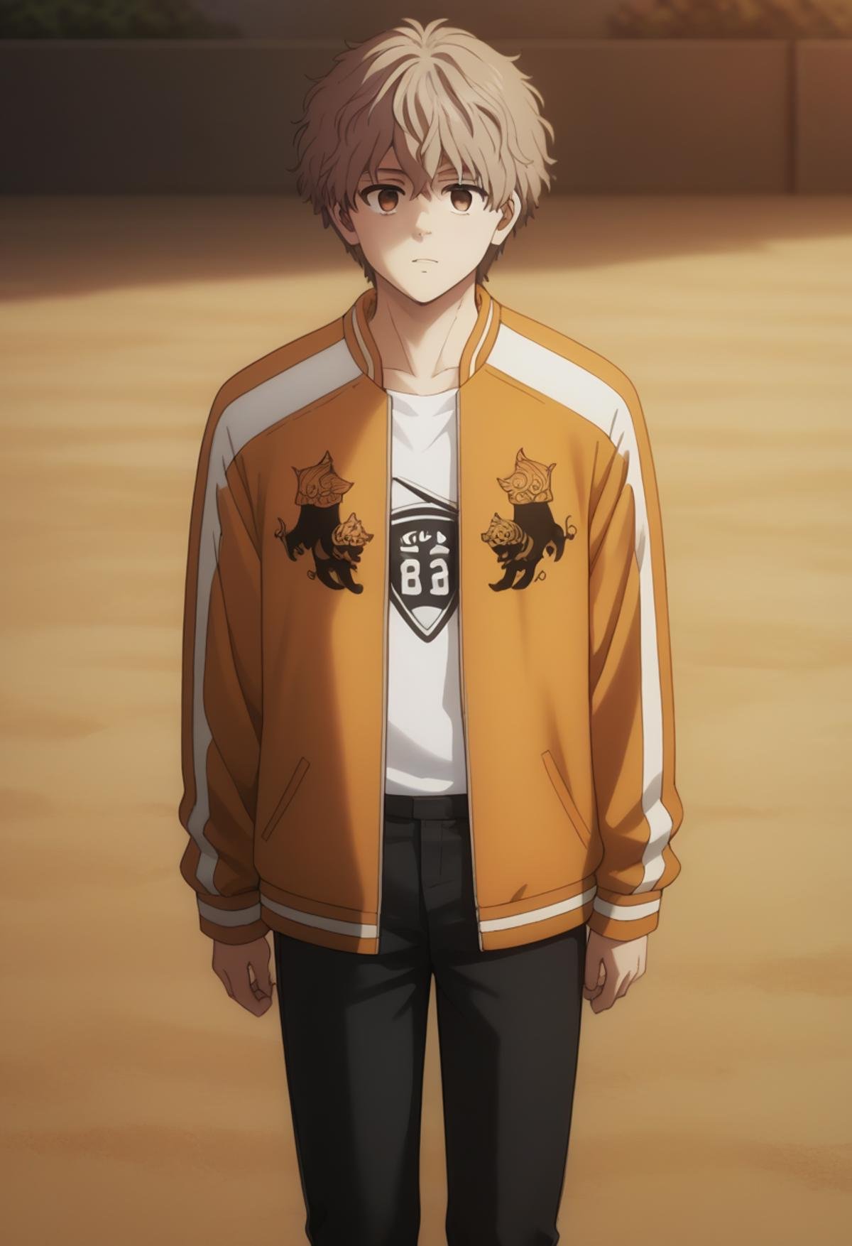 score_9, score_8_up, score_7_up, score_6_up, highly detailed, masterpiece, best quality,detailed,intricate details, amazing quality, best aesthetic, absurdres,source_anime,choji tomiyama, beige hair, 1boy, male focus, solo, orange jacket, pants, black pants, brown empty  eyes<lora:EMS-398505-EMS:1.000000>