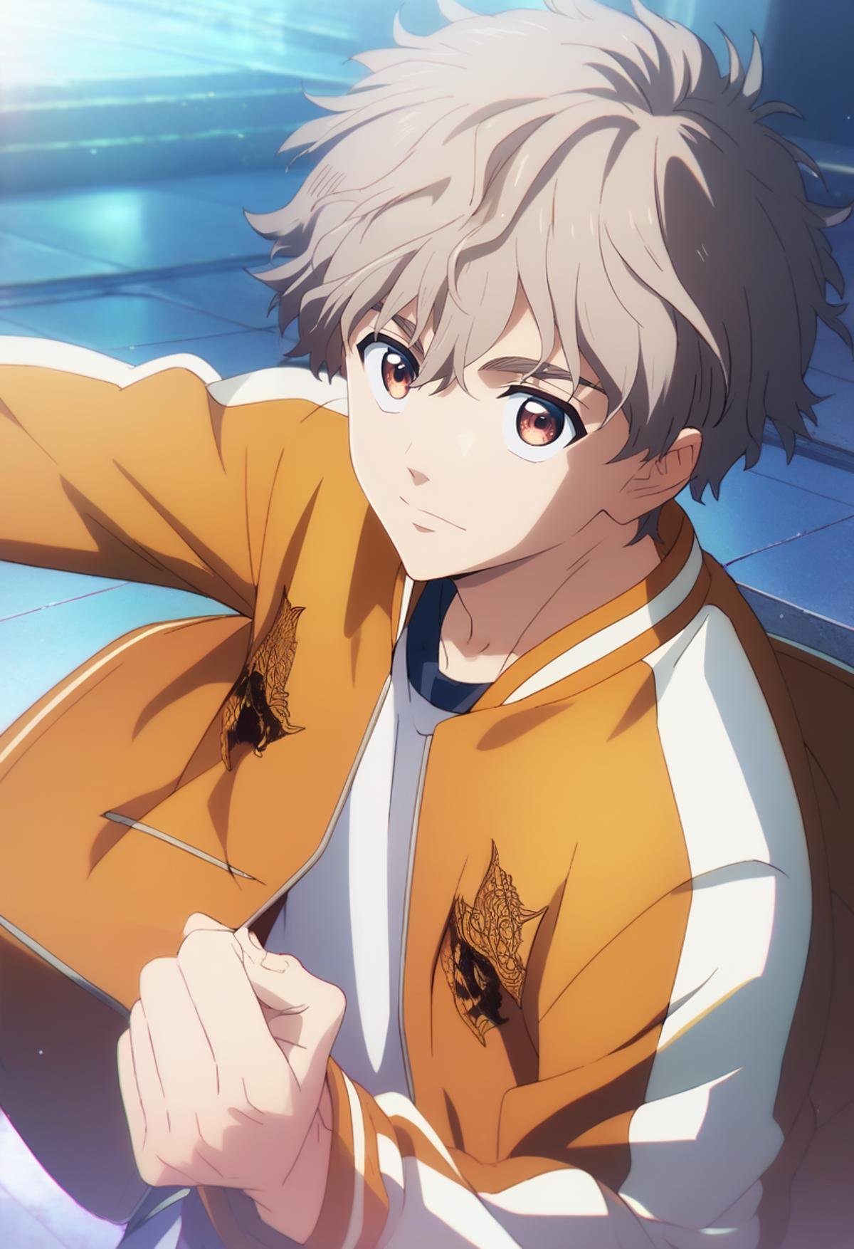 score_9, score_8_up, score_7_up, score_6_up, highly detailed, masterpiece, best quality,detailed,intricate details, amazing quality, best aesthetic, absurdres,source_anime,choji tomiyama, beige hair, 1boy, male focus, solo, orange jacket,brown eyes<lora:EMS-398505-EMS:1.000000>