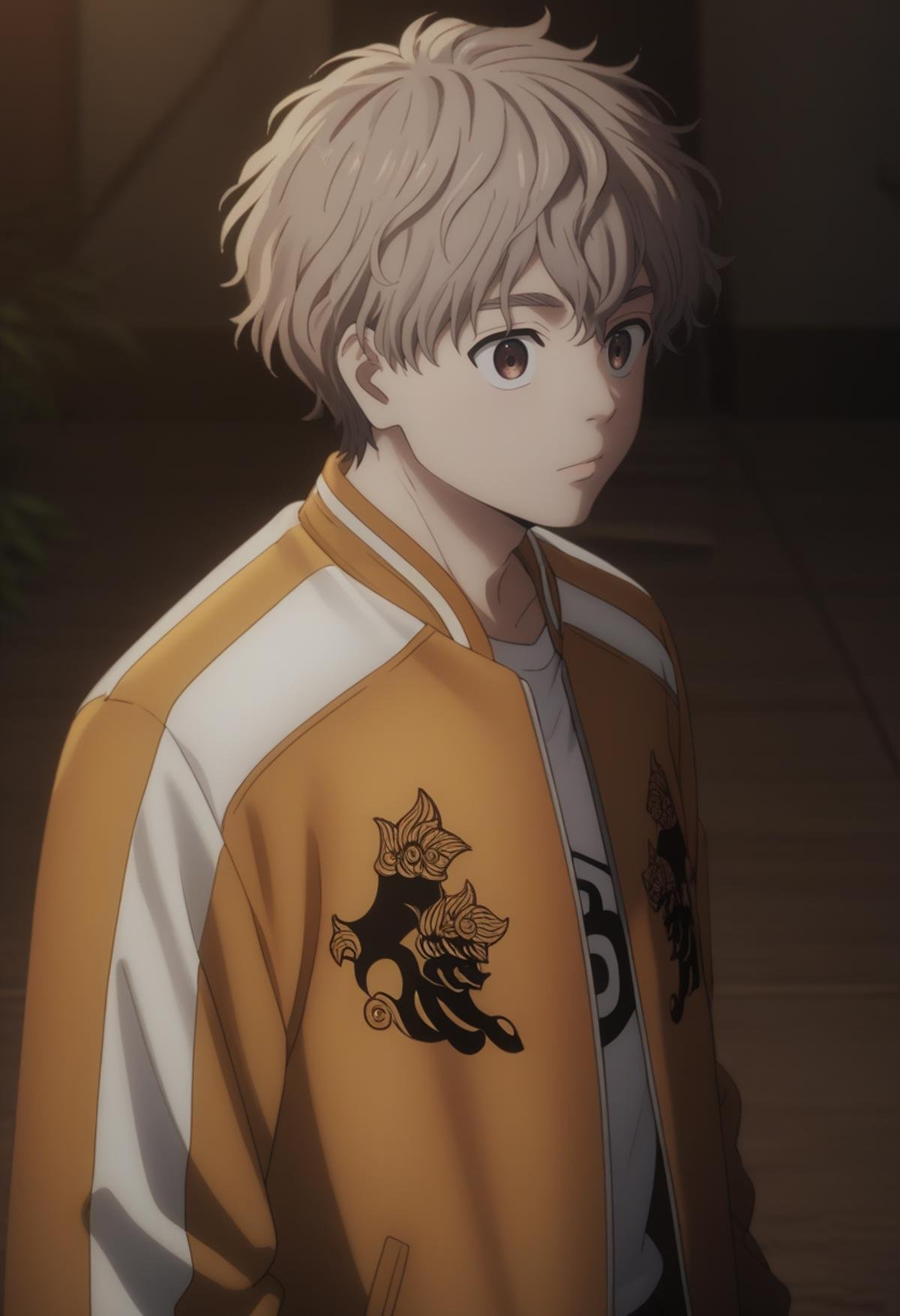 score_9, score_8_up, score_7_up, score_6_up, highly detailed, masterpiece, best quality,detailed,intricate details, amazing quality, best aesthetic, absurdres,source_anime,choji tomiyama, beige hair, 1boy, male focus, solo, orange jacket,brown empty eyes<lora:EMS-398505-EMS:1.000000>