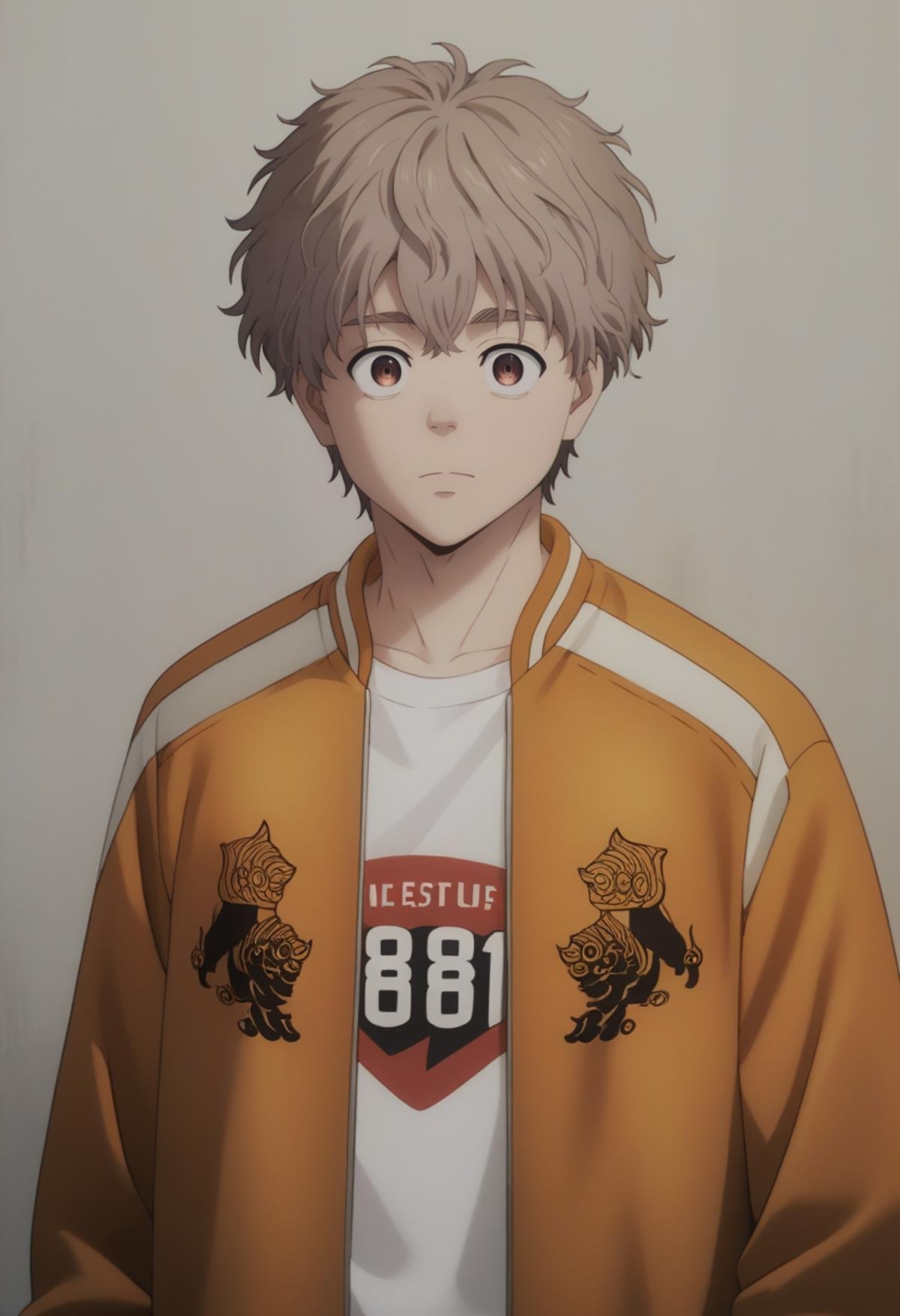 score_9, score_8_up, score_7_up, score_6_up, highly detailed, masterpiece, best quality,detailed,intricate details, amazing quality, best aesthetic, absurdres,source_anime,choji tomiyama, beige hair, 1boy, male focus, solo, orange jacket,brown empty eyes<lora:EMS-398505-EMS:1.000000>