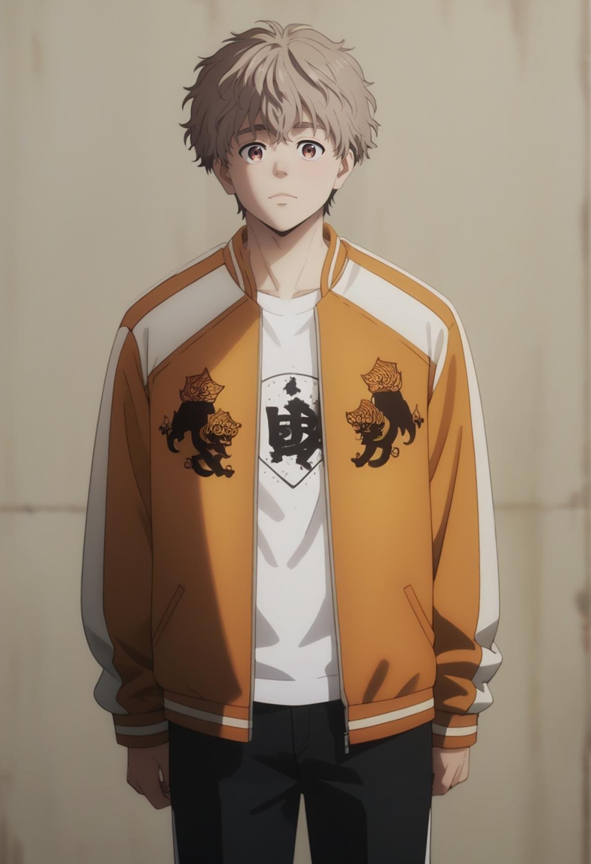 score_9, score_8_up, score_7_up, score_6_up, highly detailed, masterpiece, best quality,detailed,intricate details, amazing quality, best aesthetic, absurdres,source_anime,choji tomiyama, beige hair, 1boy, male focus, solo, orange jacket,brown eyes<lora:EMS-398505-EMS:1.000000>