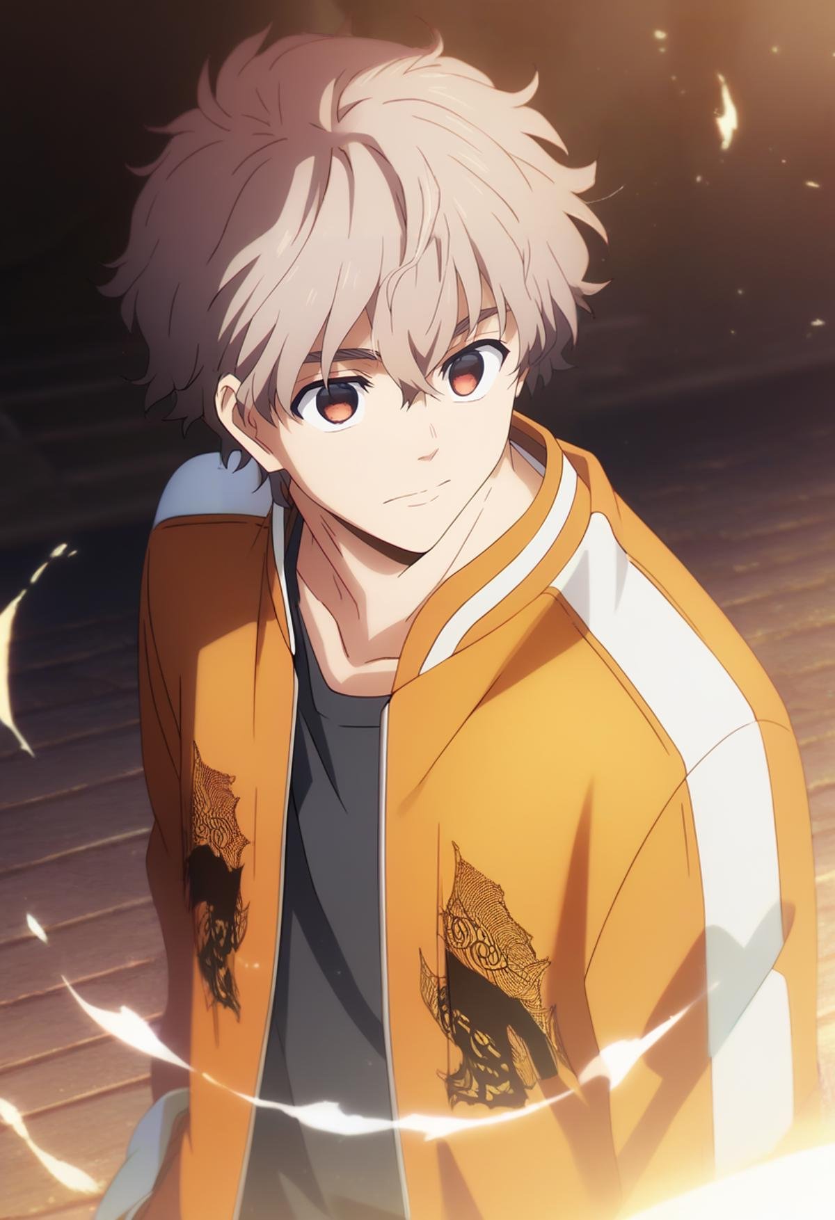 score_9, score_8_up, score_7_up, score_6_up, highly detailed, masterpiece, best quality,detailed,intricate details, amazing quality, best aesthetic, absurdres,source_anime,choji tomiyama, beige hair, 1boy, male focus, solo, orange jacket,brown empty eyes<lora:EMS-398505-EMS:1.000000>