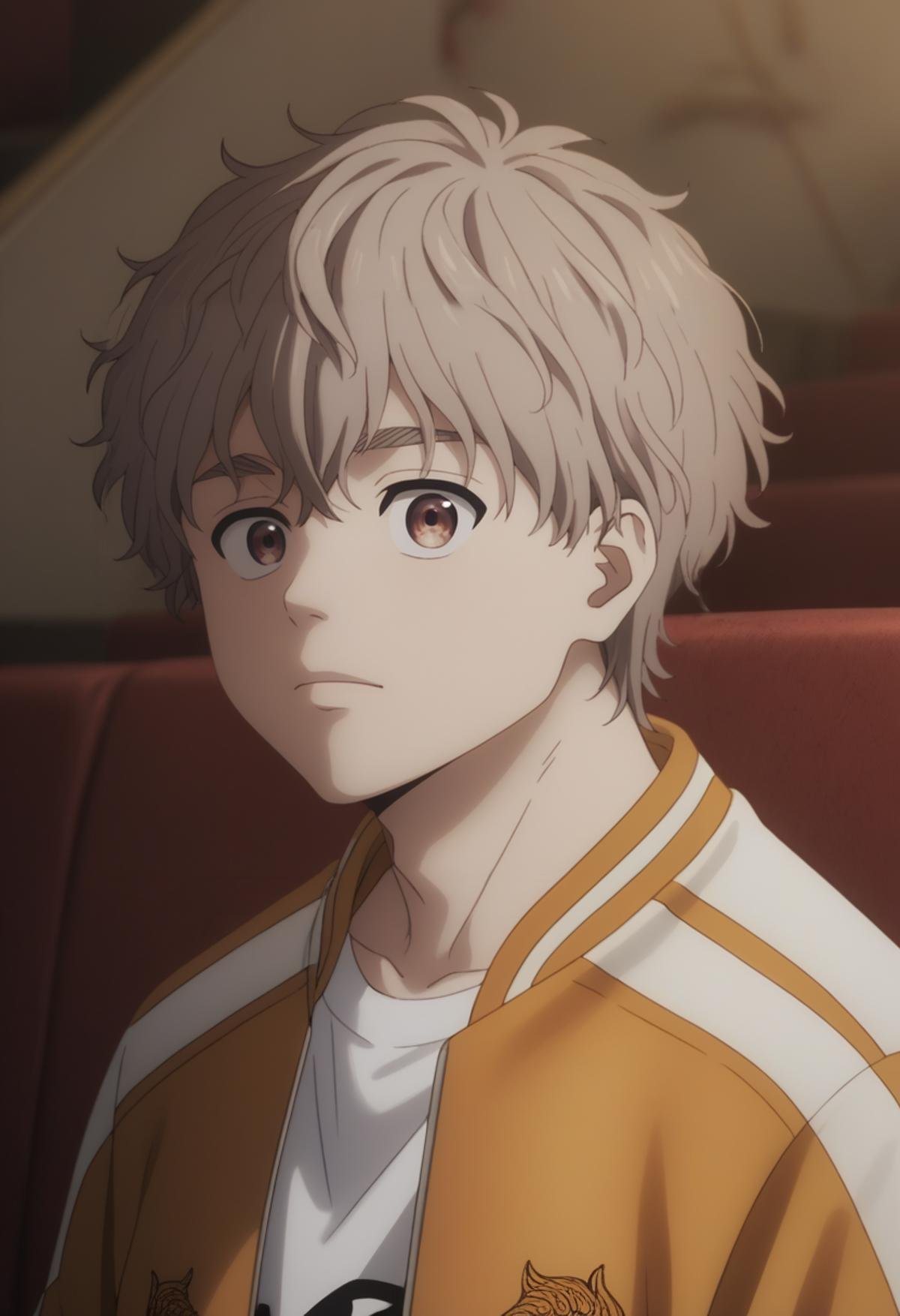 score_9, score_8_up, score_7_up, score_6_up, highly detailed, masterpiece, best quality,detailed,intricate details, amazing quality, best aesthetic, absurdres,source_anime,choji tomiyama, beige hair, 1boy, male focus, solo, orange jacket,brown eyes<lora:EMS-398505-EMS:1.000000>