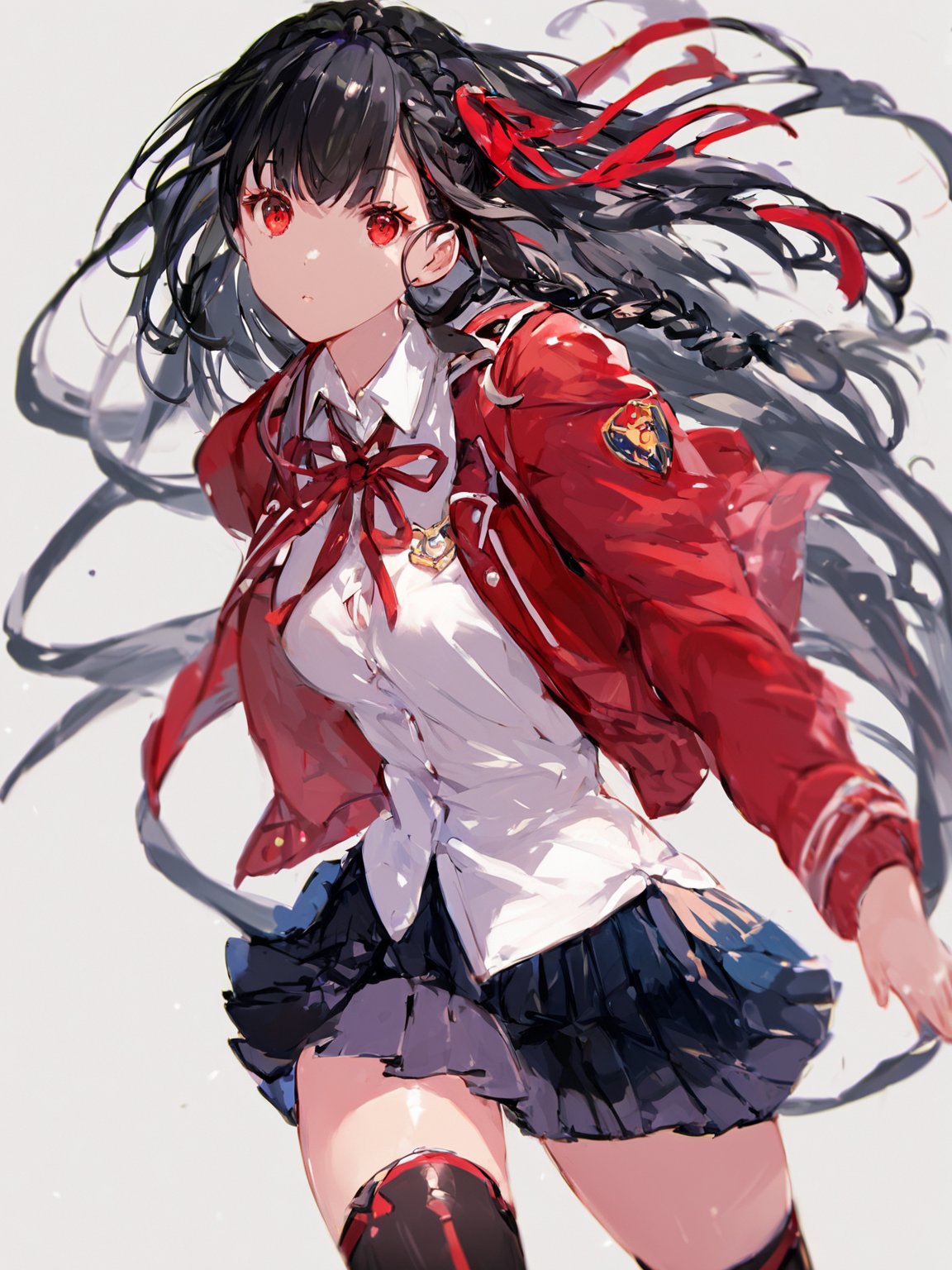 score_9,score_8_up,score_7_up,score_6_up, masterpiece, best quality, 8k, 8k UHD, ultra-high resolution, ultra-high definition, highres
,//Character, 
1girl, solo, long hair, black hair, shiny hair, red eyes, bangs, braid
,//Fashion, 
school uniform, red jacket, hair ribbon, white shirt, pleated skirt, thighhighs
,//Background, white_background
,//Others, ,Expressiveh,
dynamic pose