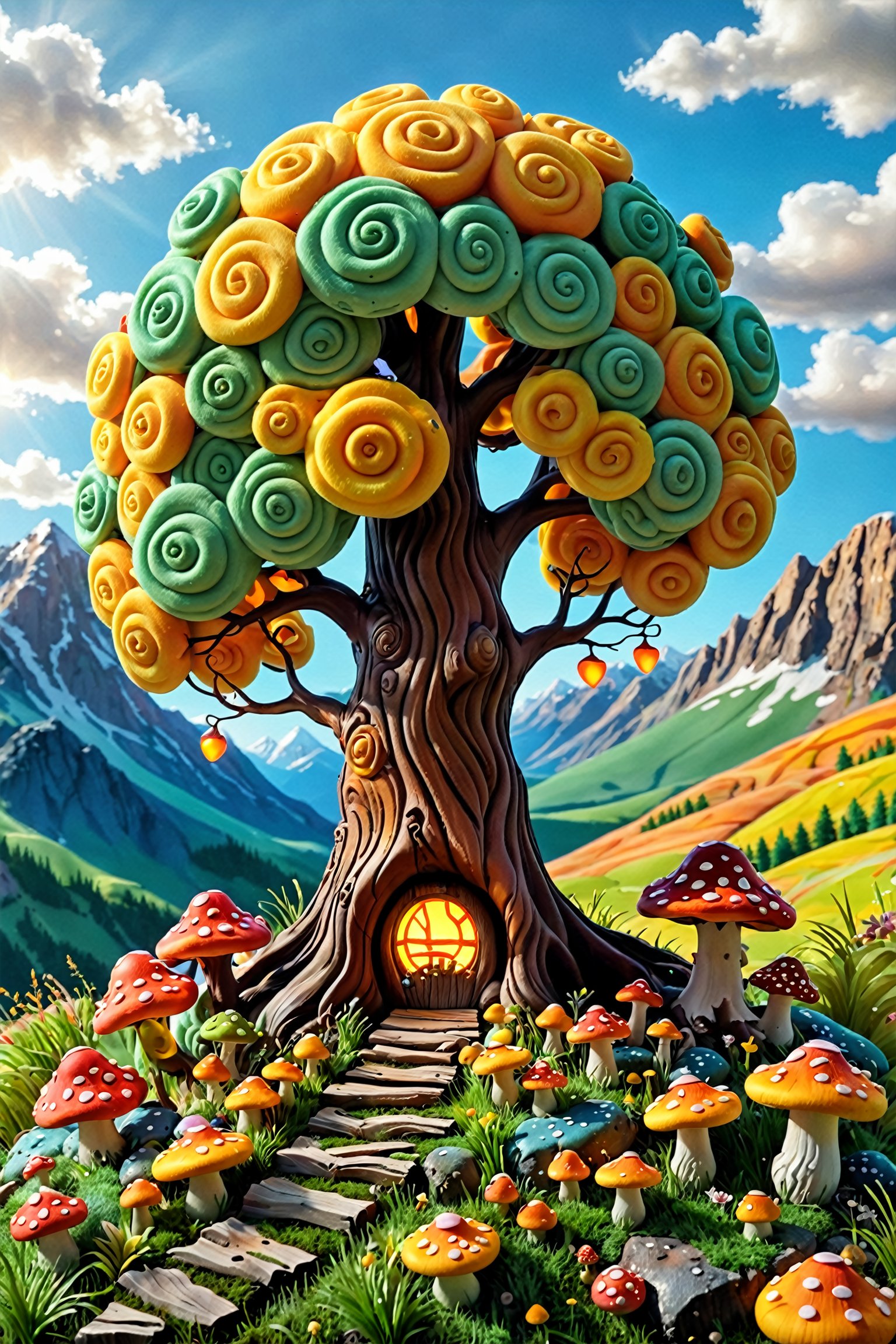 A whimsical landscape dominated by a large, colorful tree with swirling patterns. The tree's trunk is brown and has a small window with a glowing light from within. Surrounding the tree are various mushrooms of different sizes and colors, some of which have spots. The ground is covered in vibrant green grass, and there are rocks scattered around. In the background, there are mountains, a blue sky with fluffy white clouds, and a bright yellow sun.