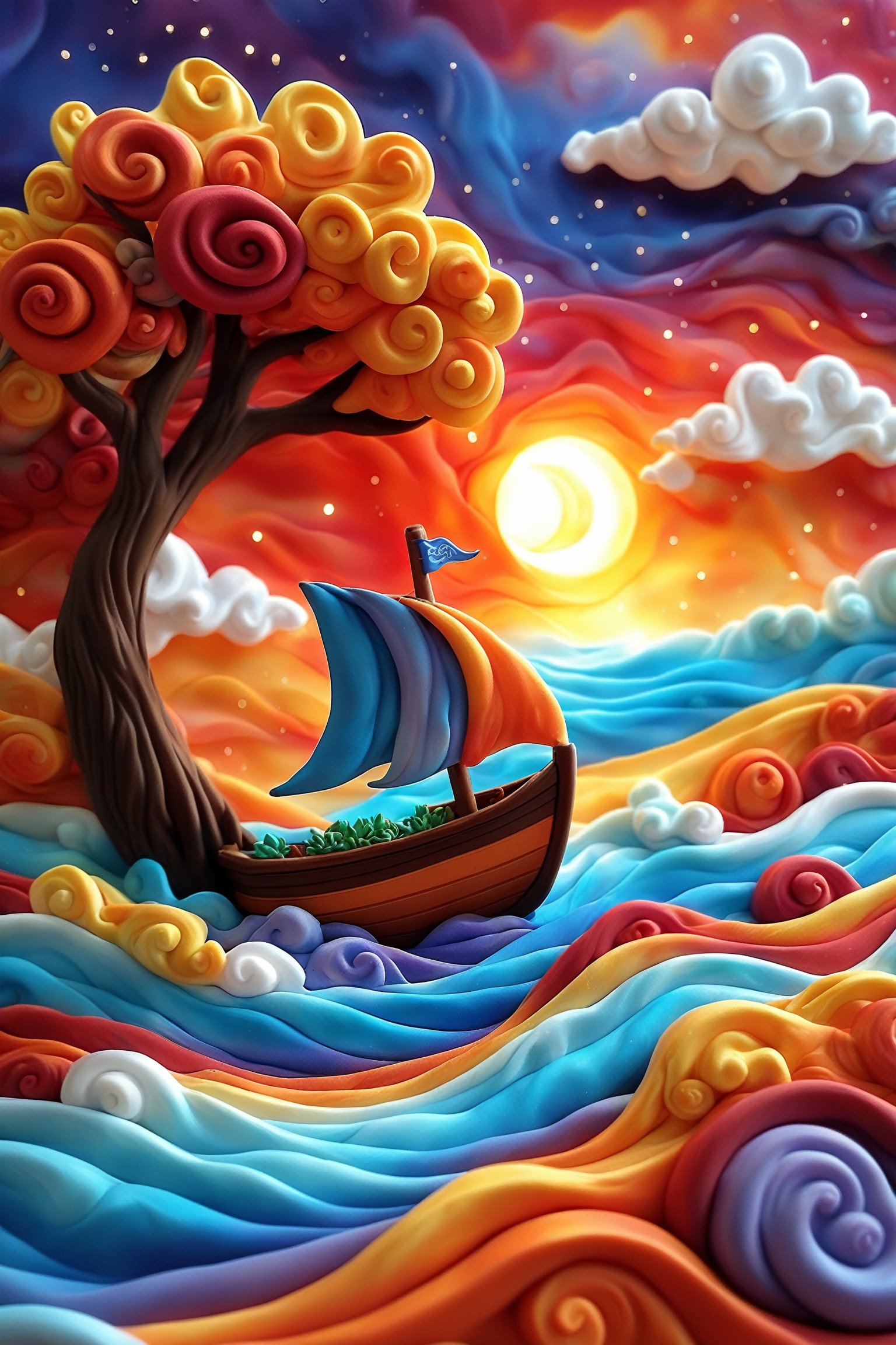 A vibrant and whimsical scene. At the forefront, there's a boat with a colorful striped sail, anchored amidst wavy patterns of multicolored, swirling water. To the left, a large, curly tree with golden-yellow leaves stands tall, its branches extending outwards. The background is a mesmerizing blend of fiery oranges and reds, suggesting a sunset or sunrise. Above, the sky is filled with swirling clouds in shades of purple, blue, and white, adding to the dreamy atmosphere.,clay