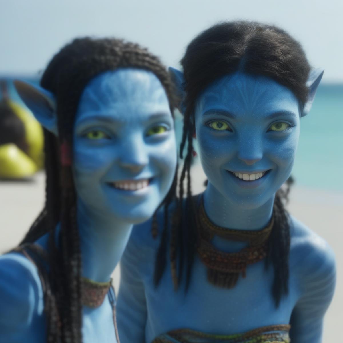 Na’vi girl, 1girl, alien, smiling, blue skin, lots of details, on the beach, 4k, 8k, movie still, freckles