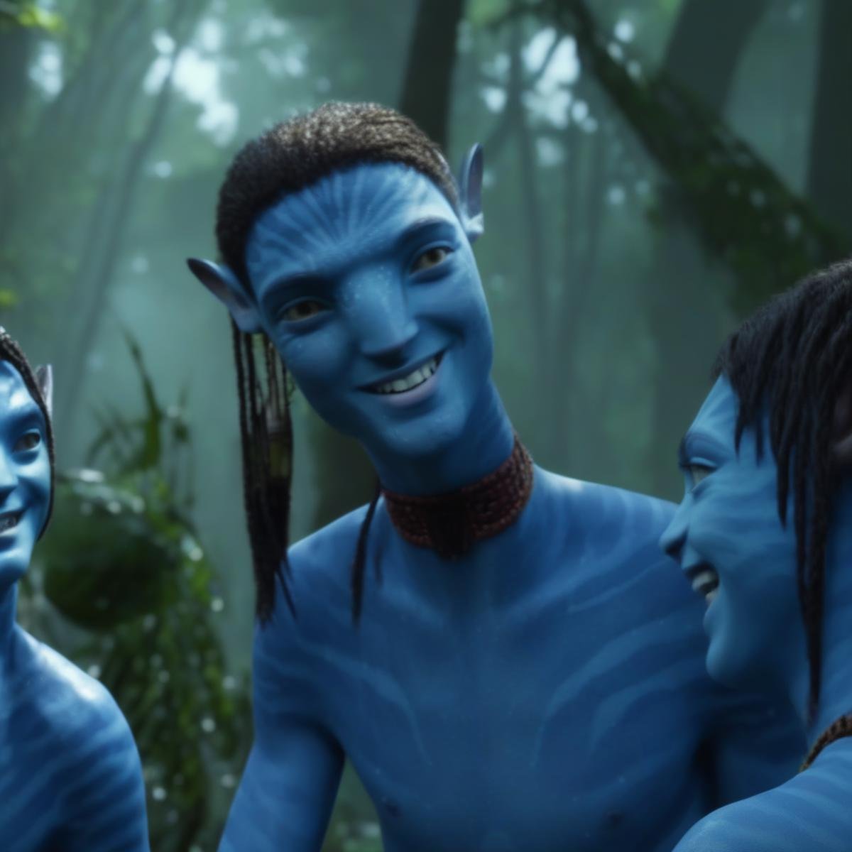 Na’vi boy, 1boy, alien, smiling, lots of details, in the forest, 4k, 8k, movie still, blue skin, freckles