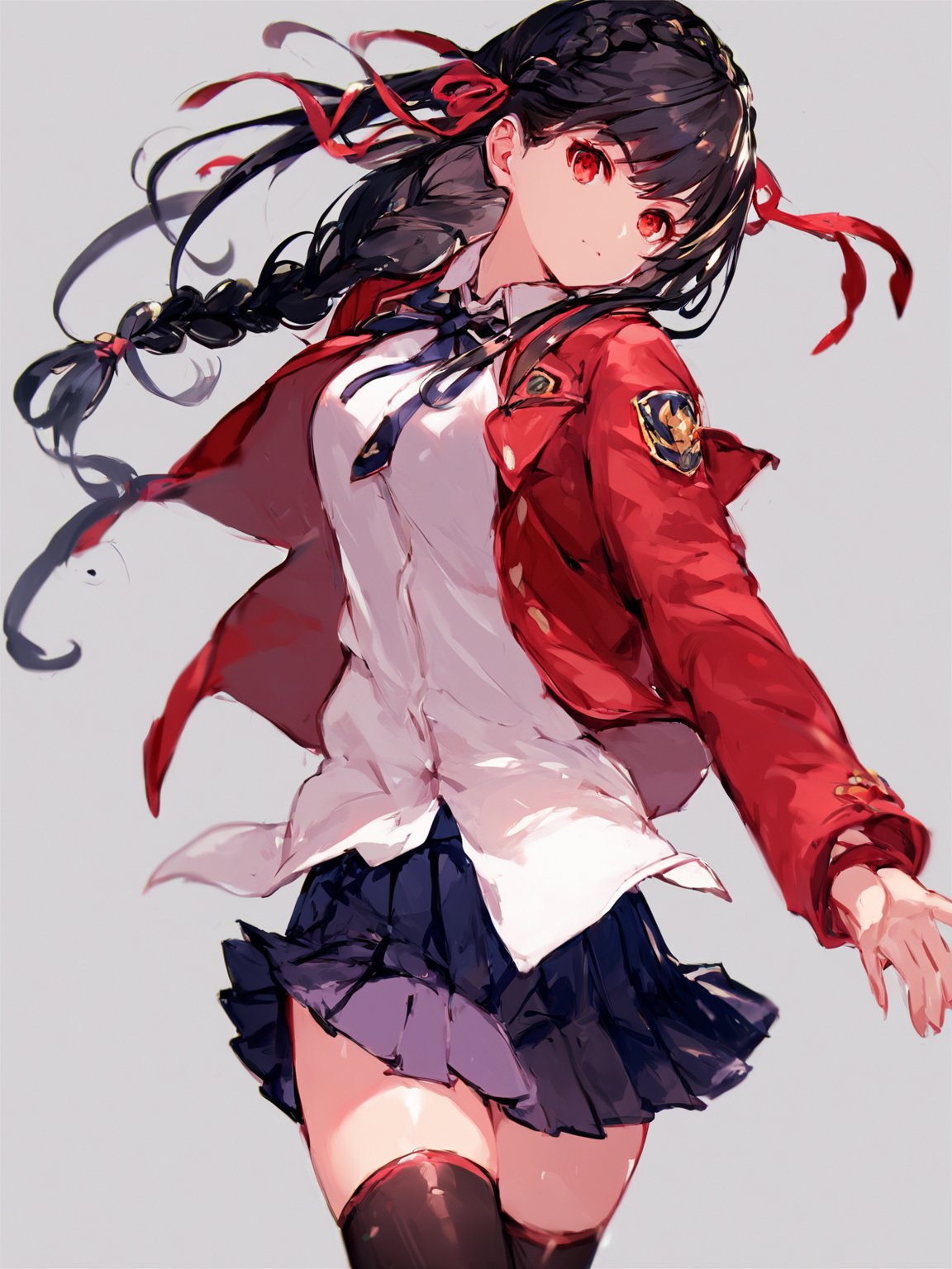 score_9,score_8_up,score_7_up,score_6_up, masterpiece, best quality, 8k, 8k UHD, ultra-high resolution, ultra-high definition, highres
,//Character, 
1girl, solo, long hair, black hair, shiny hair, red eyes, bangs, braid
,//Fashion, 
school uniform, red jacket, hair ribbon, white shirt, pleated skirt, thighhighs
,//Background, white_background
,//Others, ,Expressiveh,
dynamic pose