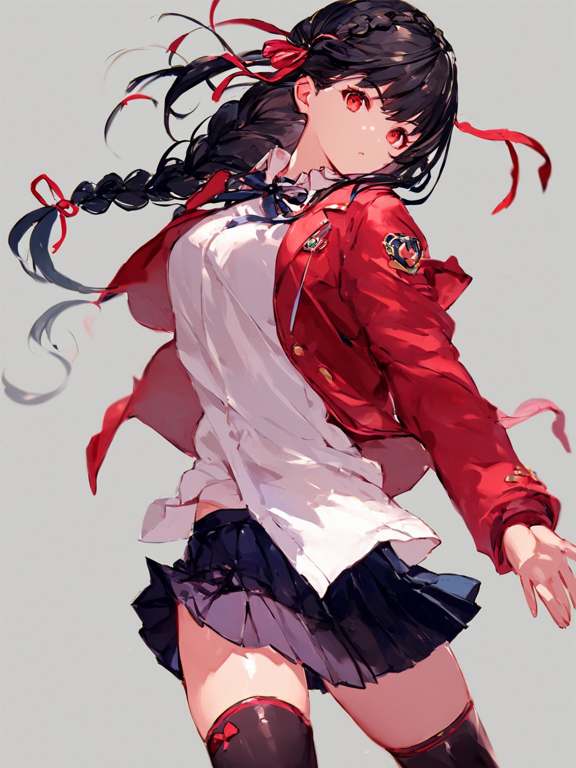 score_9,score_8_up,score_7_up,score_6_up, masterpiece, best quality, 8k, 8k UHD, ultra-high resolution, ultra-high definition, highres
,//Character, 
1girl, solo, long hair, black hair, shiny hair, red eyes, bangs, braid
,//Fashion, 
school uniform, red jacket, hair ribbon, white shirt, pleated skirt, thighhighs
,//Background, white_background
,//Others, ,Expressiveh,
dynamic pose