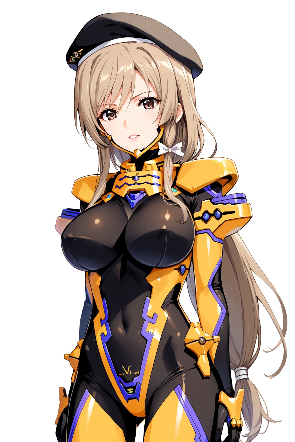 shimada chiyo, beret ,brown eyes , light brown hair ,low-tied long hair , mature female , 
in military base , 
BREAK , 
score_9, score_8_up, score_7_up, score_6, score_5, score_4, ( masterpiece , ultra Detailed  ) , 
,Fortified Suit ,  Imperial Yellow