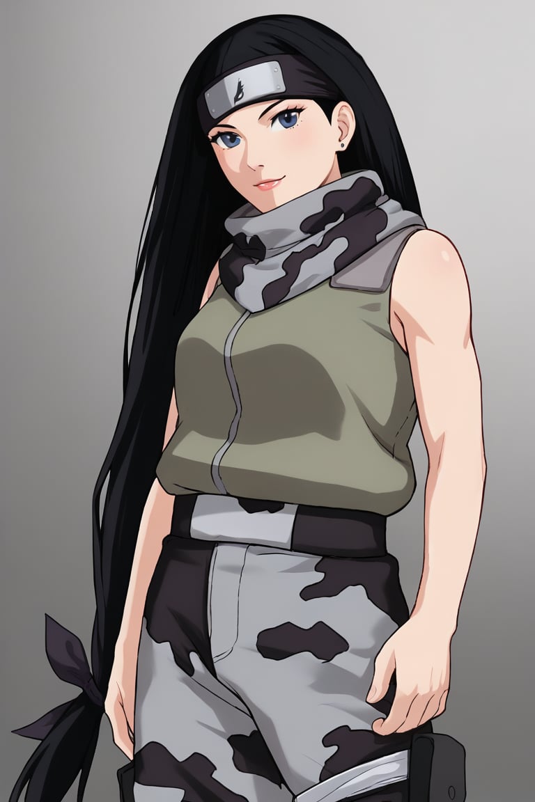 k1ntsuch1NC, black hair, long hair, black eyes, bandana, camouflage clothing, score_9