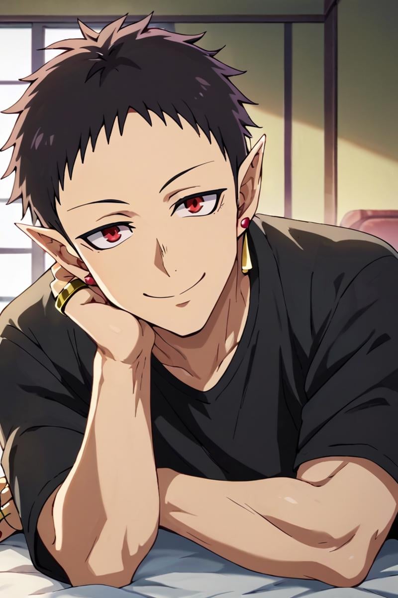 score_9,score_8_up,score_7_up,1boy,solo, looking at viewer,indoors,Andro M Jazz,Black Hair,Red Eyes,Pointy Ears,jewelry,earrings, Ring,Red nail, on side, smile, indoors, black shirt, lying, head rest<lora:EMS-400385-EMS:0.800000>
