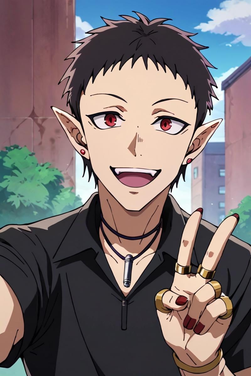 score_9,score_8_up,score_7_up,1boy,solo, looking at viewer,outdoors,Andro M Jazz,Black Hair,Red Eyes,Pointy Ears,jewelry,earrings, Ring,Red nail, v,Black collared shirt,necklace, open mouth, smile, Selfie<lora:EMS-400385-EMS:0.800000>