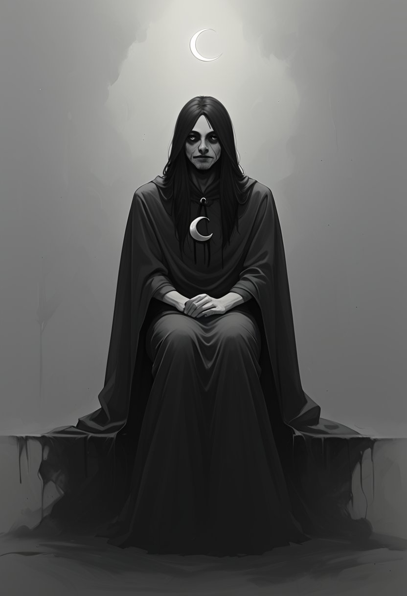 score_9, score_8_up, score_7_up,BREAK,
txzndevil, solo, long hair, sitting, monochrome, 
greyscale, crescent, cloak, 1other, robe, horror \(theme\)