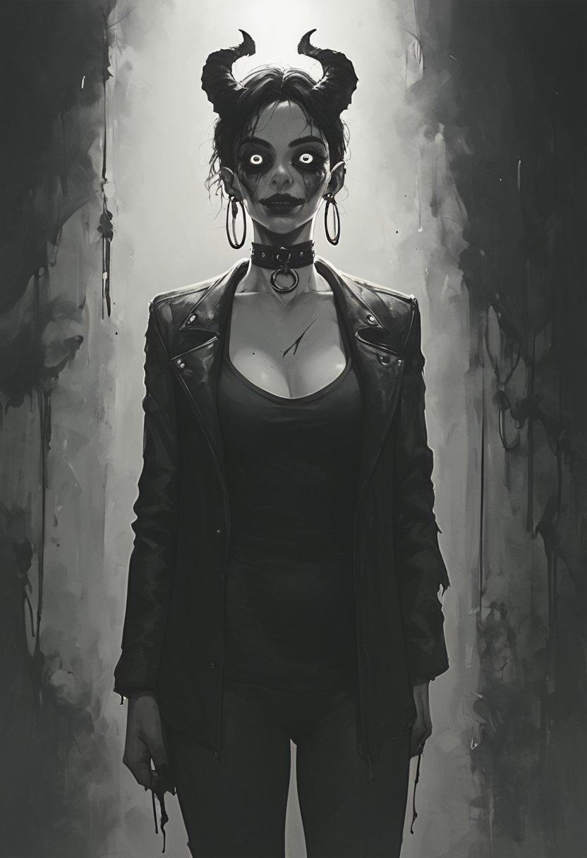 score_9, score_8_up, score_7_up,
txzndevil, horror \(theme\), monochrome, greyscale, 
1girl, solo,  earrings, sharp eyes, choker, open jacket,night, graffiti, dim lighting, alley, looking at viewer