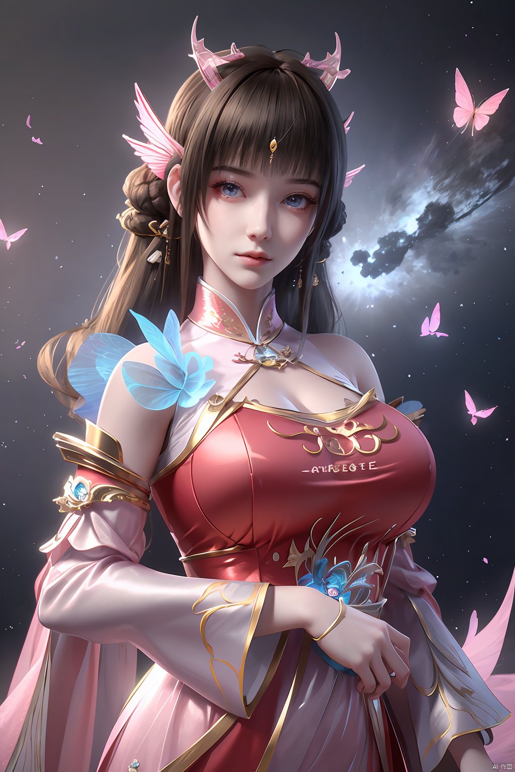 masterpiece,best quality,official art,extremely detailed CG unity 8k wallpaper,1girl, upper body,chinese clothes, above clouds, asteroid, spacecraft,  ,Xyunluo,(big_breasts:1.29),X-Hydrangea,Xlimuwan, Water_butterfly,Xcheongsam, desert_sky