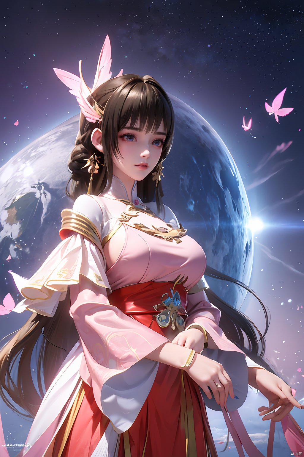 masterpiece,best quality,official art,extremely detailed CG unity 8k wallpaper,1girl, upper body,chinese clothes, above clouds, asteroid, spacecraft,  ,Xyunluo,(big_breasts:1.29),X-Hydrangea,Xlimuwan, Water_butterfly,Xcheongsam, desert_sky