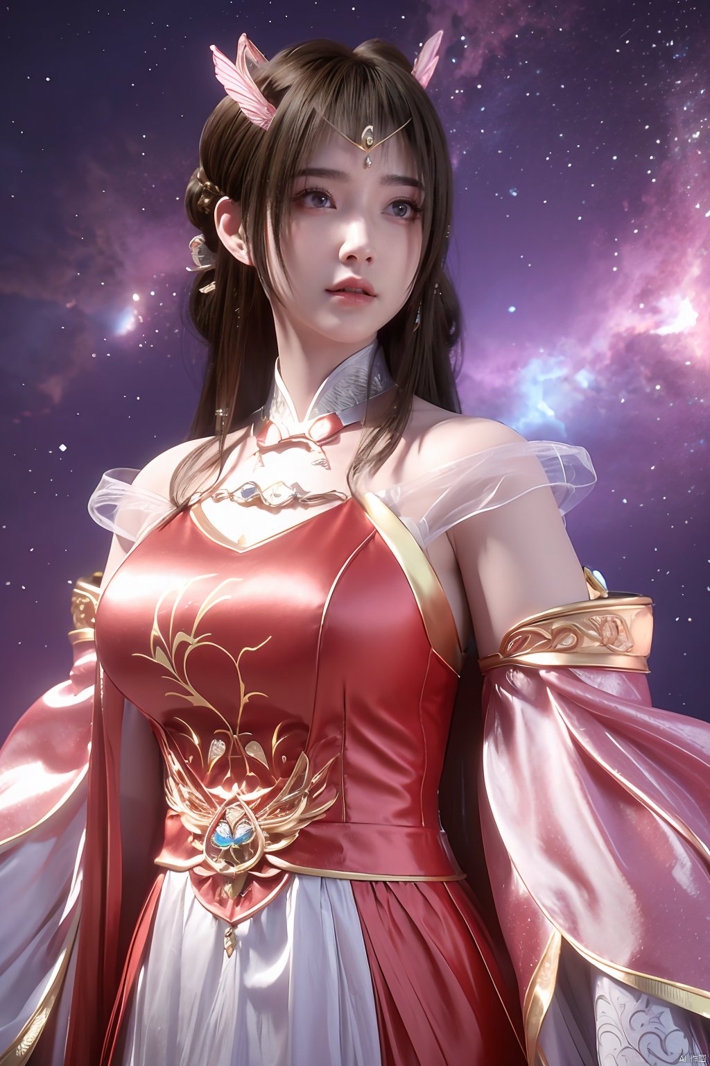 masterpiece,best quality,official art,extremely detailed CG unity 8k wallpaper,1girl, upper body,chinese clothes, above clouds, asteroid, spacecraft,  ,Xyunluo,(big_breasts:1.29),X-Hydrangea,Xlimuwan, Water_butterfly,Xcheongsam, desert_sky,girl,depth of field,moyou