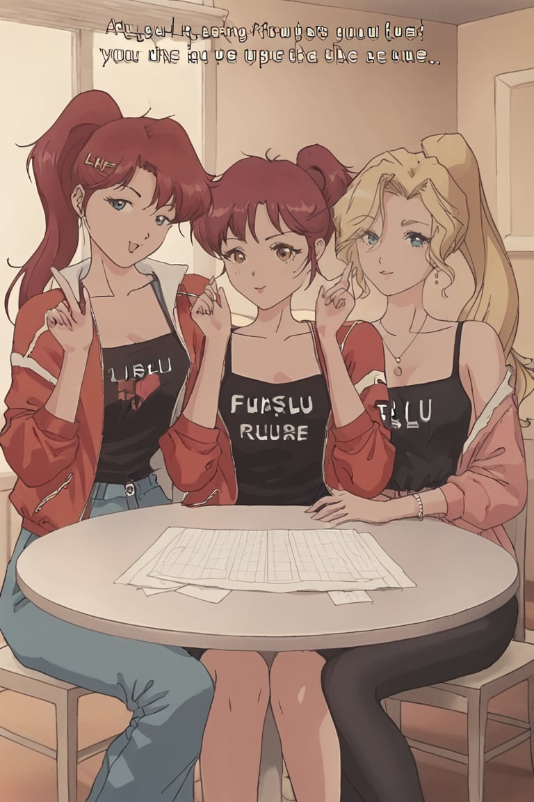 phbtt90s_style, 3girls, solo, table, english text, clothes writing, red jacket, black camisole, 2girls, sitting
