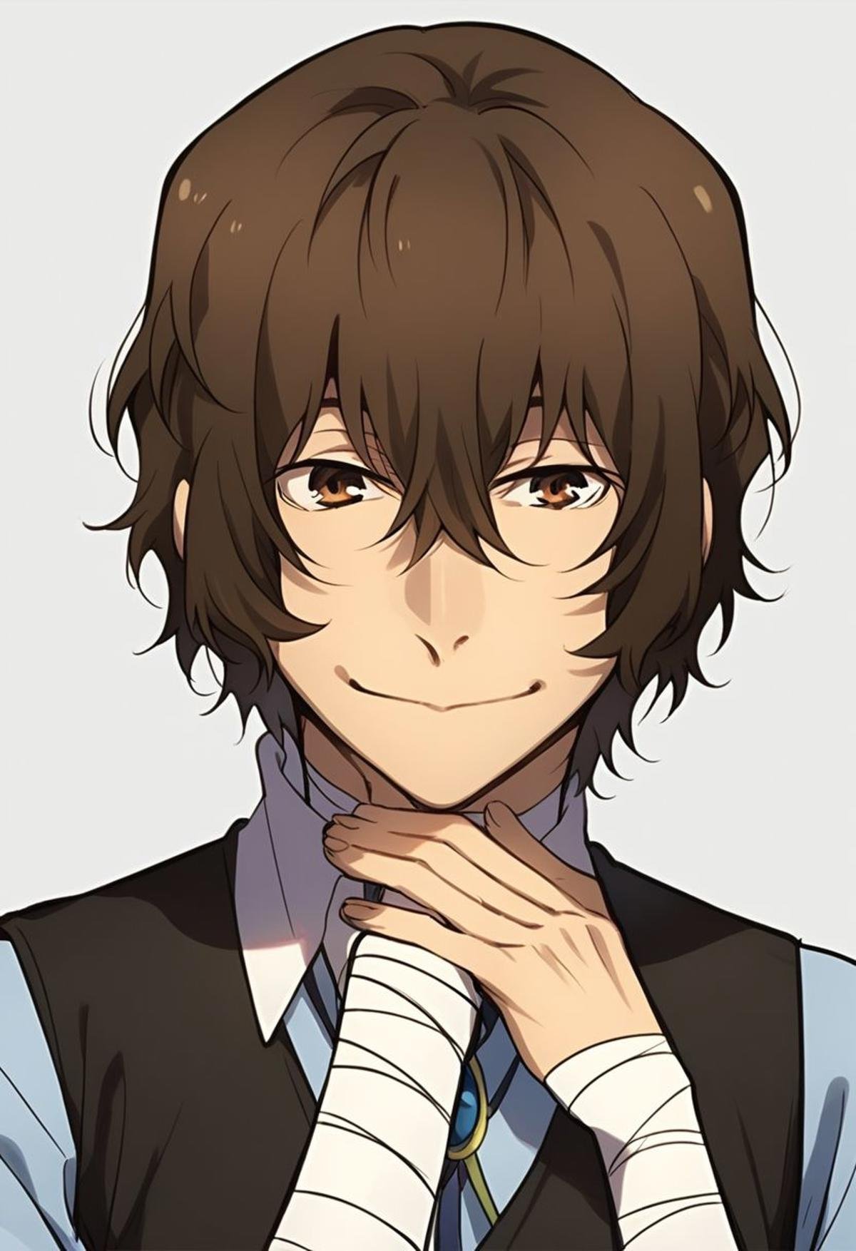 Score_9, Score_8_up, Score_7_up, masterpiece, best quality, many details, Dazai Osamu, solo, looking at viewer, smile, brown hair, shirt, 1boy, hair between eyes, brown eyes, male focus, vest, bandages, portrait, bandaged arm, hand on own chin