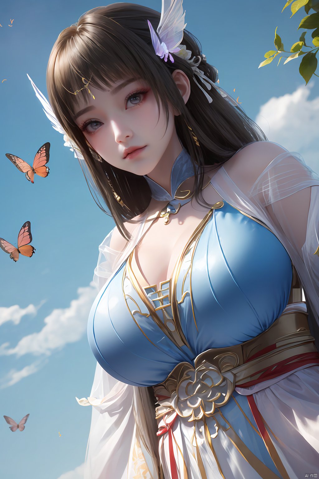  1 girl, dynamic angle, solo, looking at the audience, dress, sky, blue sky, insects, butterflies, branches,,Xyunluo,(big_breasts:1.23),Xningyudie, desert_sky,X-Hydrangea, hanfu