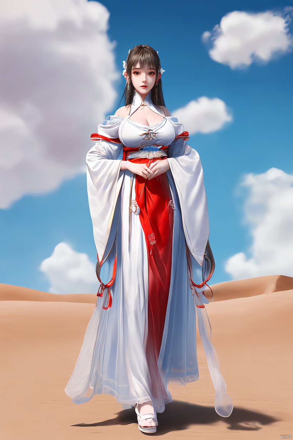 a girl,appear on camera,blue sky,blue sky,white cloud,full body,red dress,,Xyunluo,(big_breasts:1.23),Xningyudie, desert_sky,X-Hydrangea, hanfu,1girl