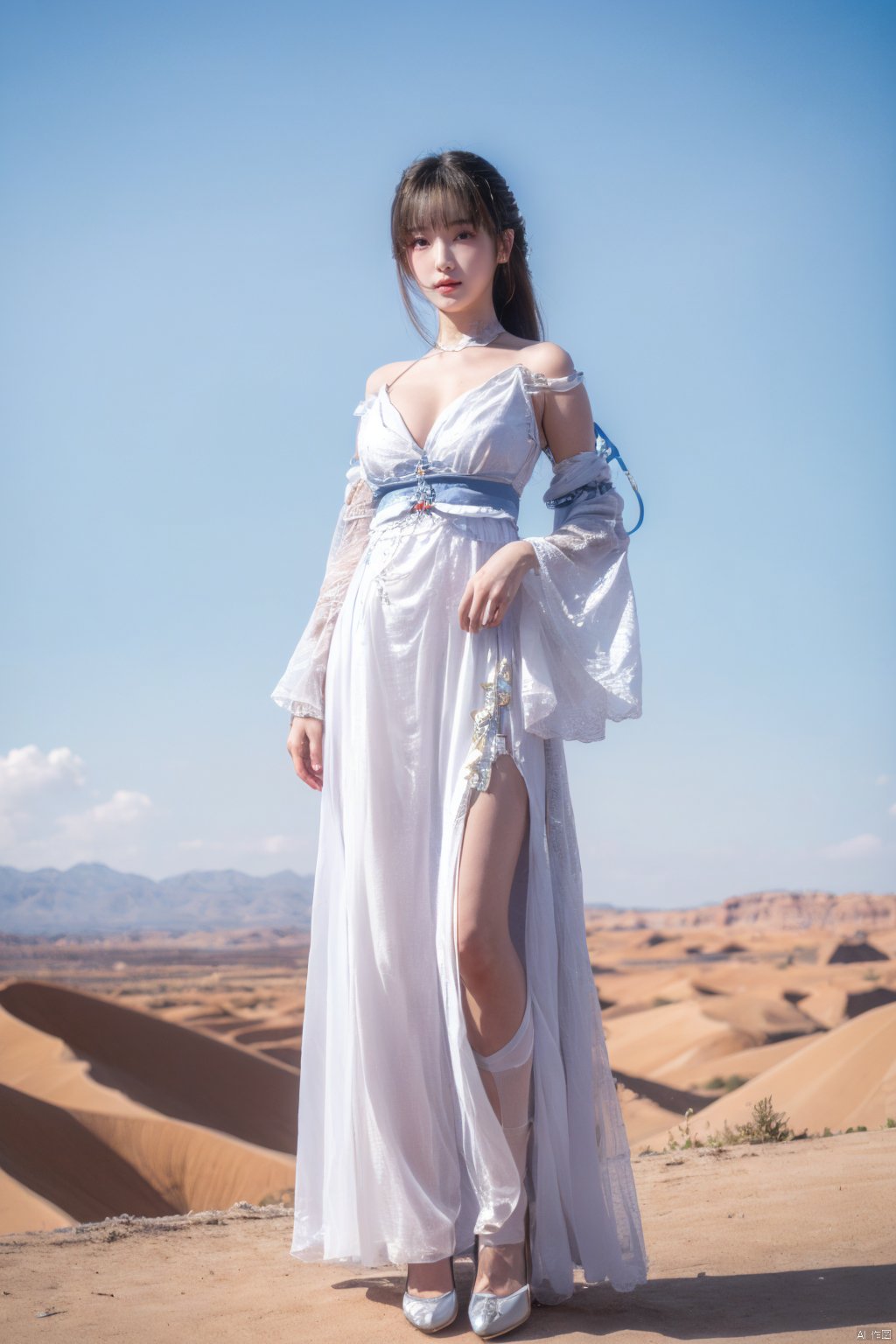 a girl,appear on camera,blue sky,blue sky,white cloud,full body,red dress,,Xyunluo,(big_breasts:1.23),Xningyudie, desert_sky,X-Hydrangea, hanfu,1girl