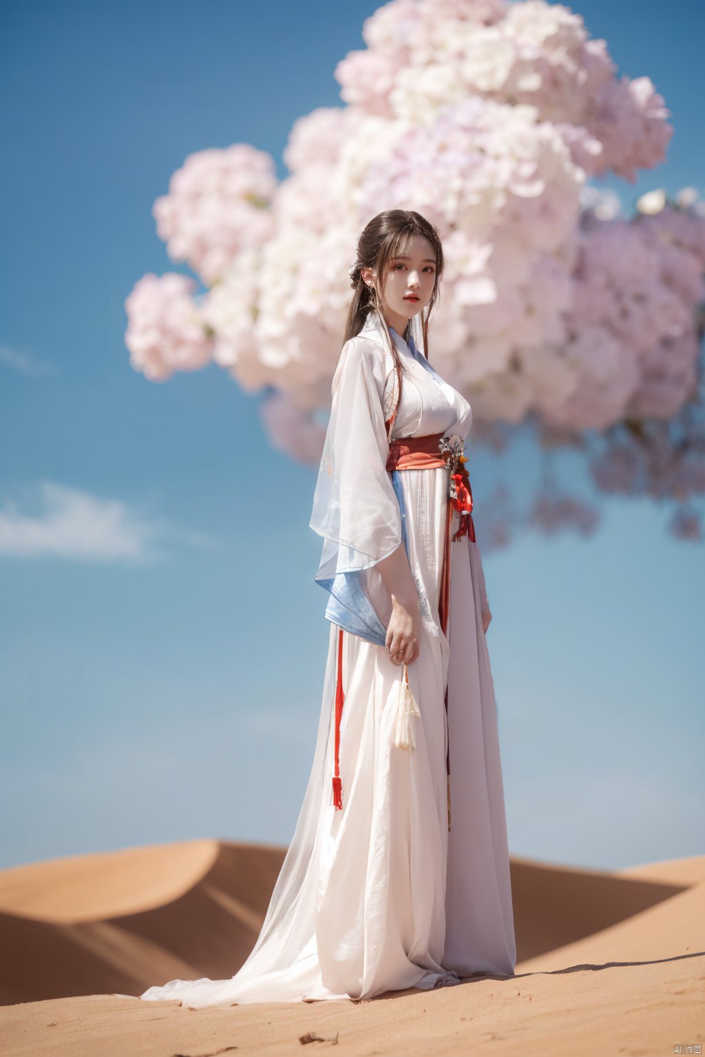 a girl,appear on camera,blue sky,blue sky,white cloud,full body,red dress,,Xyunluo,(big_breasts:1.23),Xningyudie, desert_sky,X-Hydrangea, hanfu